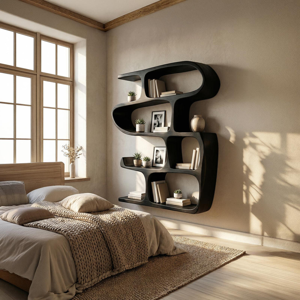Modern Curved Bookshelf, Stylish Wooden Bookcase & Console Storage Shelf for Hallway & Entryway