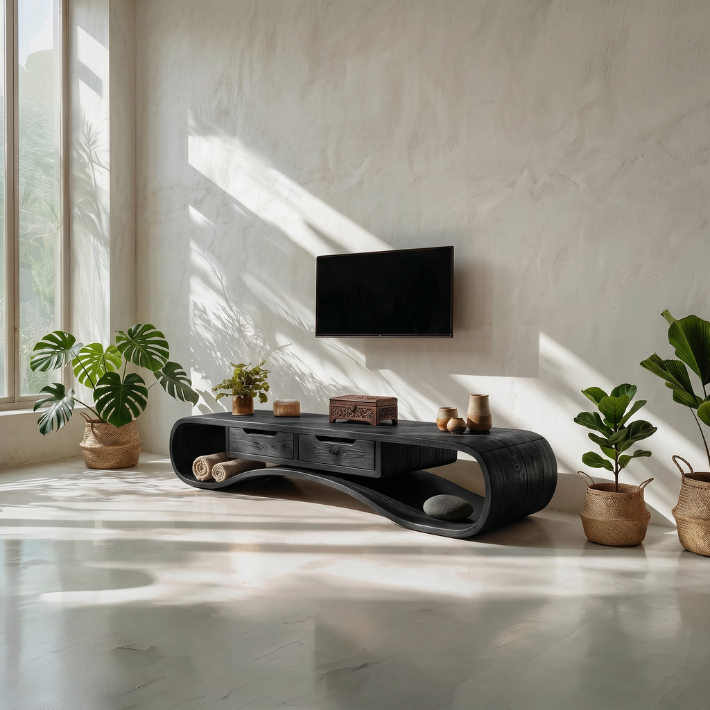 Modern Organic TV Cabinet, Solid Wood Media Console & Low Profile Entertainment Stand