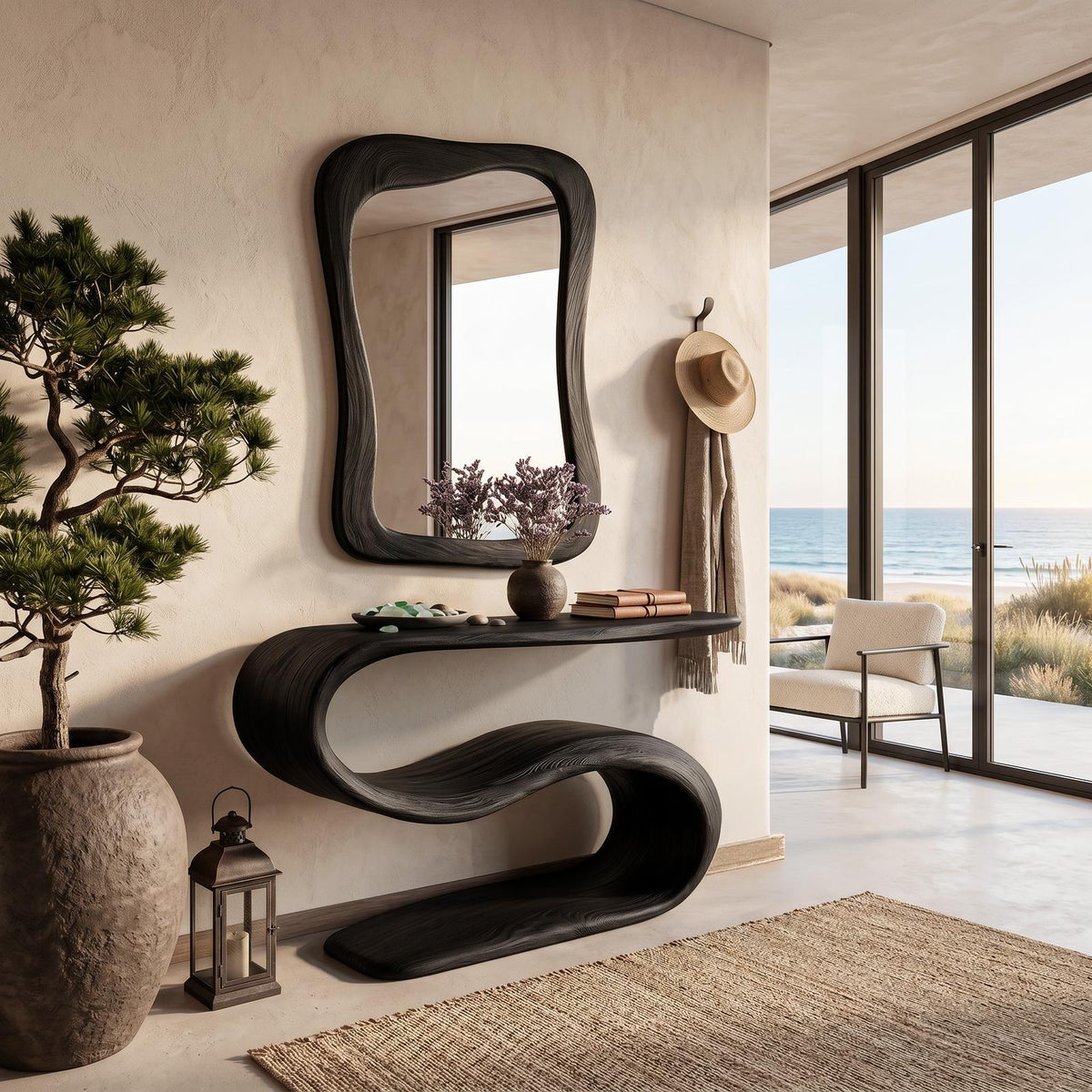 Organic Wooden Console Table With Sculptural Undulating Base For Living
