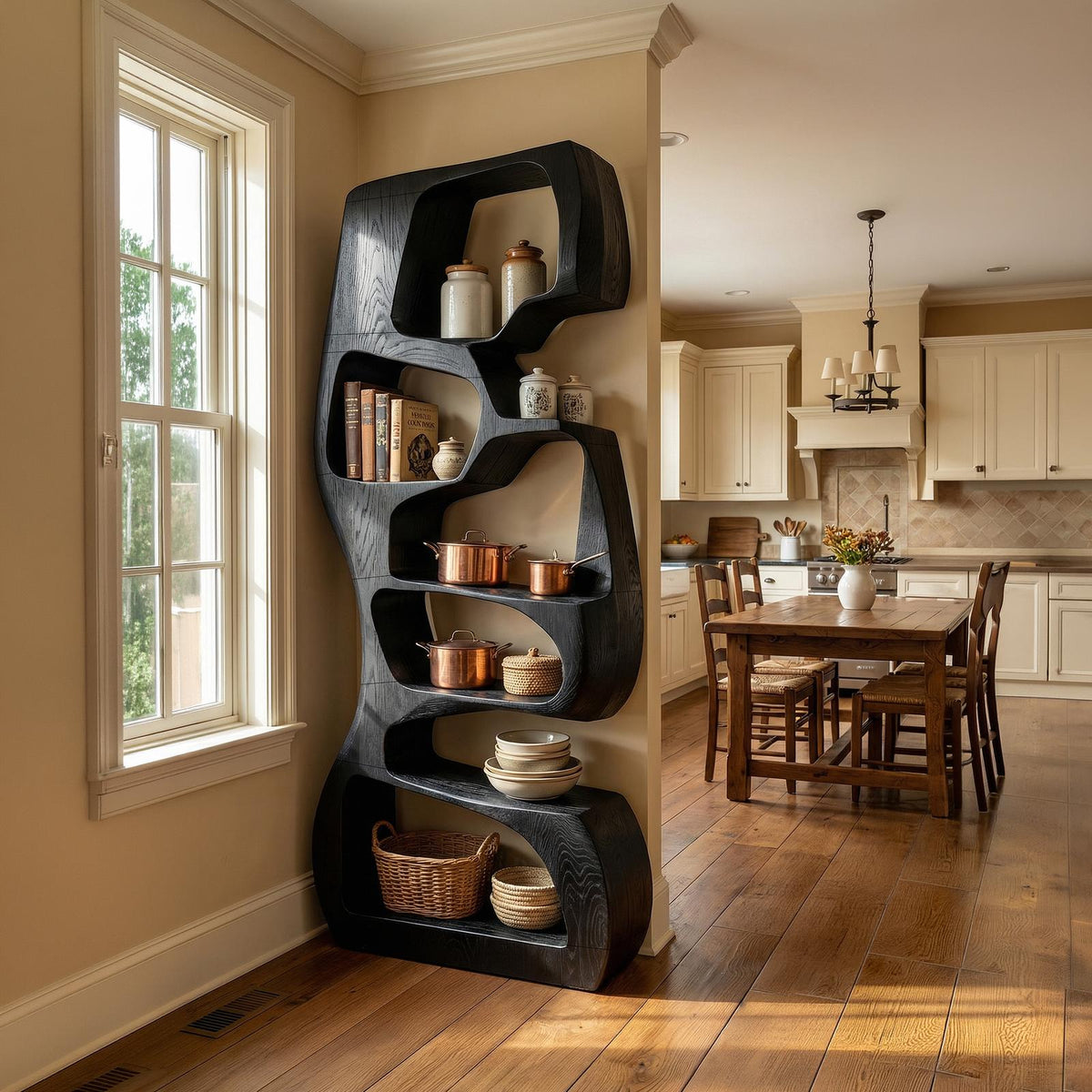Japandi Geometric Bookshelf, Modern Wooden Storage Shelf Display Unit for Living Room & Kitchen