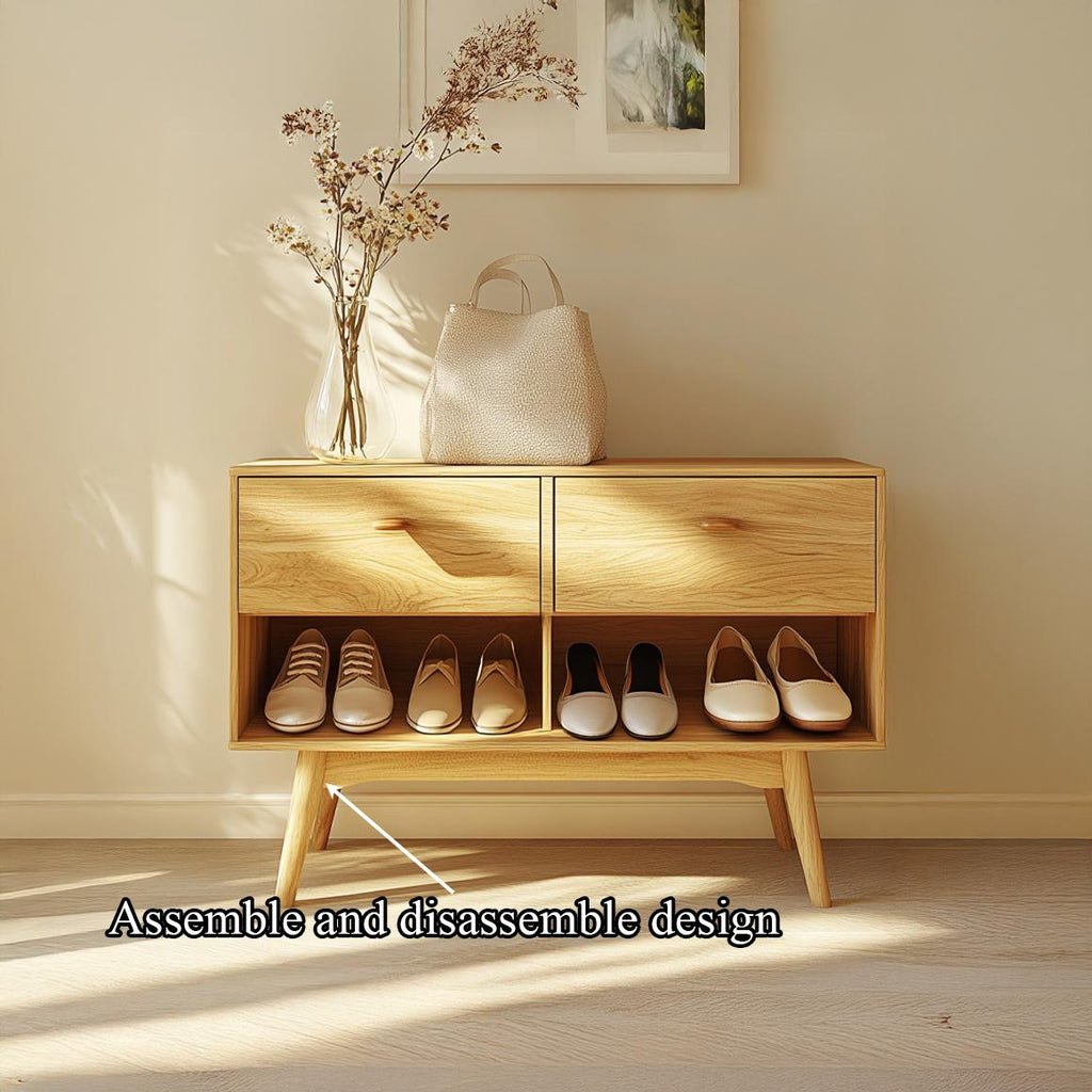 Mid Century Modern Shoe Cabinet, Handcrafted Solid Wood Entryway Storage Organizer Bench for Bedroom Closet