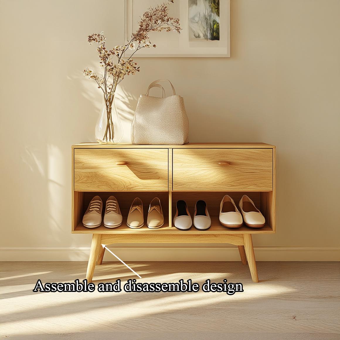 Mid Century Modern Shoe Cabinet, Handcrafted Solid Wood Entryway Storage Organizer Bench for Bedroom Closet