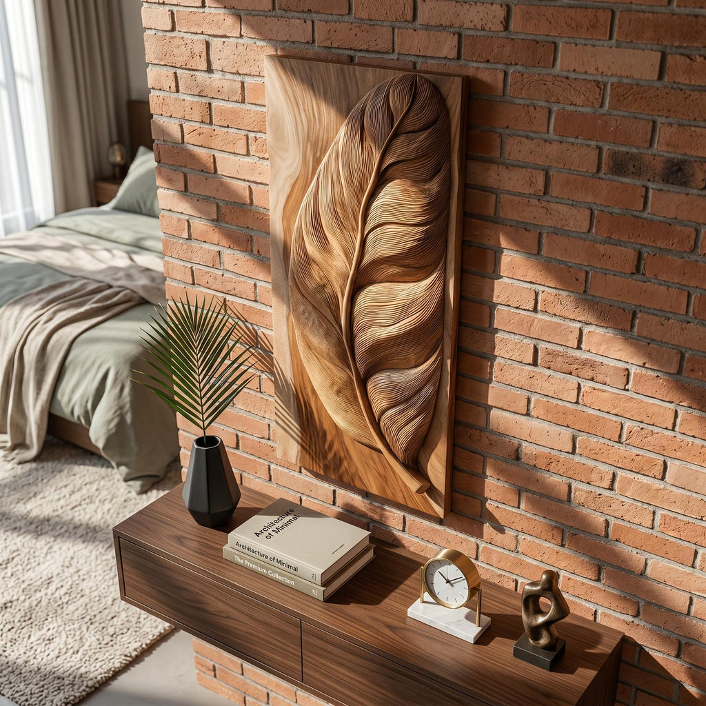 Rustic Wooden Wall Art with Carved Leaf Design, Foliage Hanging Wall Panel for Entryway