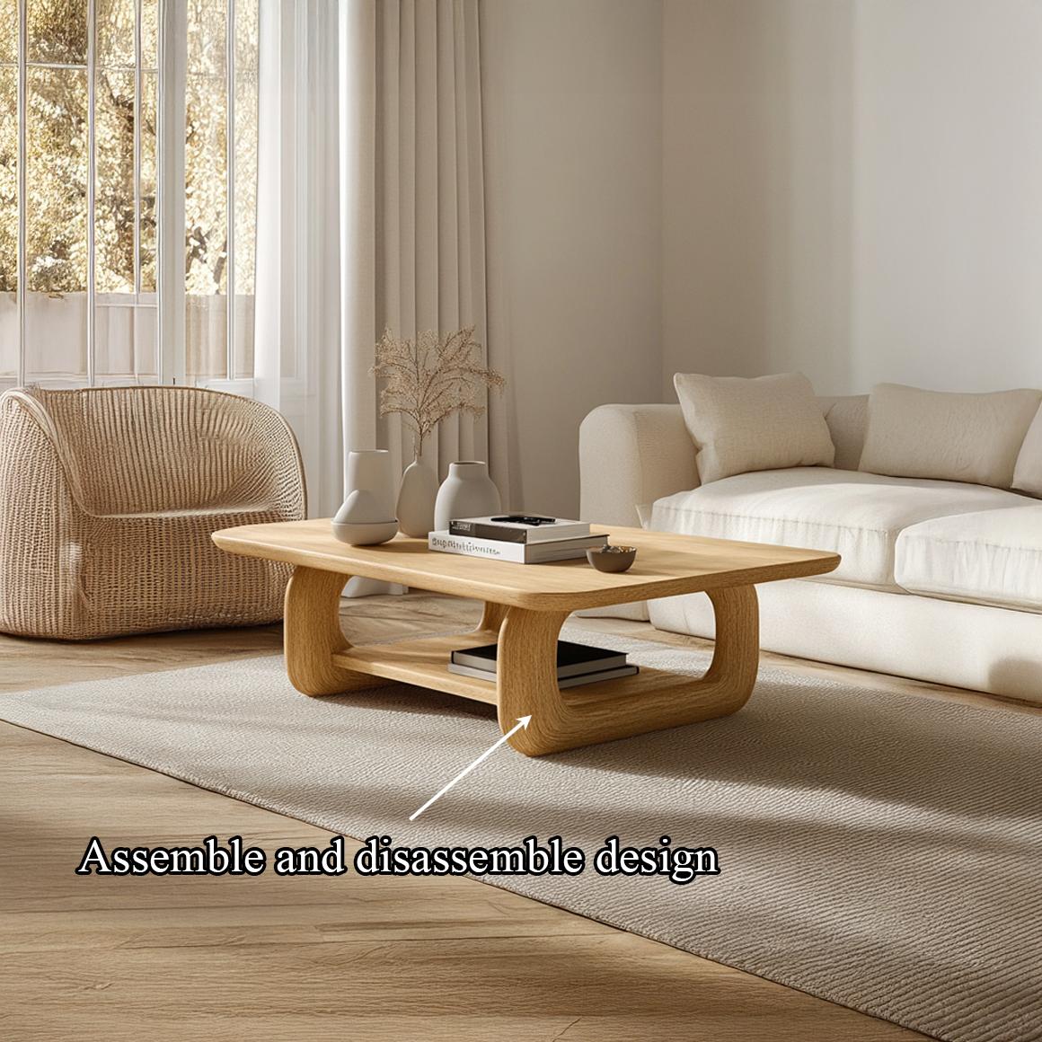 Scandinavian Rounded Coffee Table, Mid-Century Modern Solid Wood Minimalist Round Centerpiece for Living Room, Den
