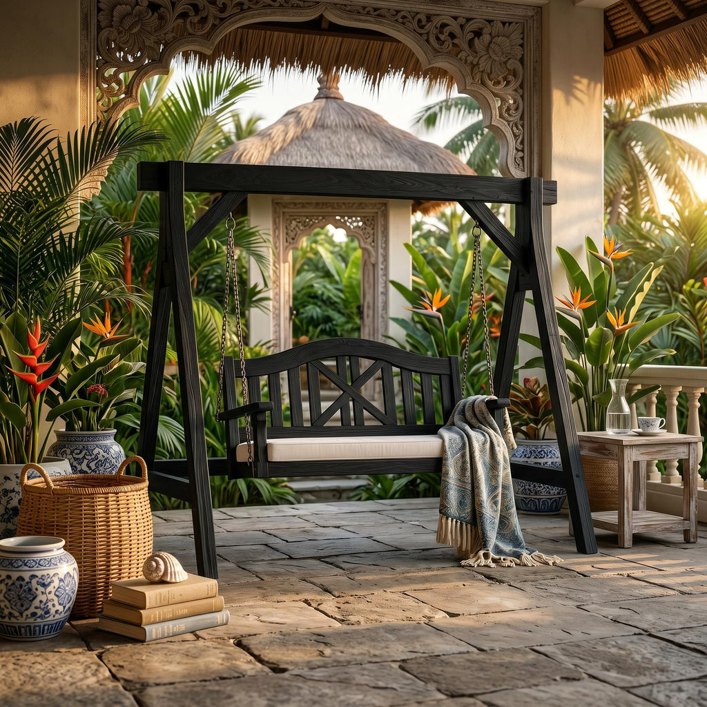 Mediterranean Wooden Swing Bench Villa Patio