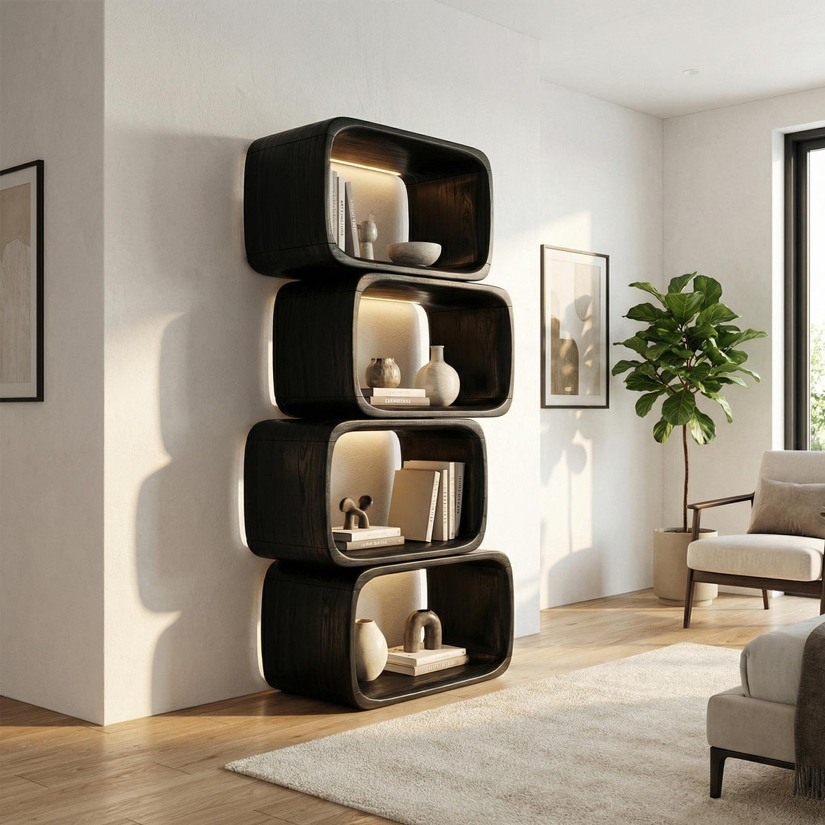 Japandi Asymmetrical Bookshelf, Minimalist Wooden Bookcase Storage Shelf for Bathroom & Living Room