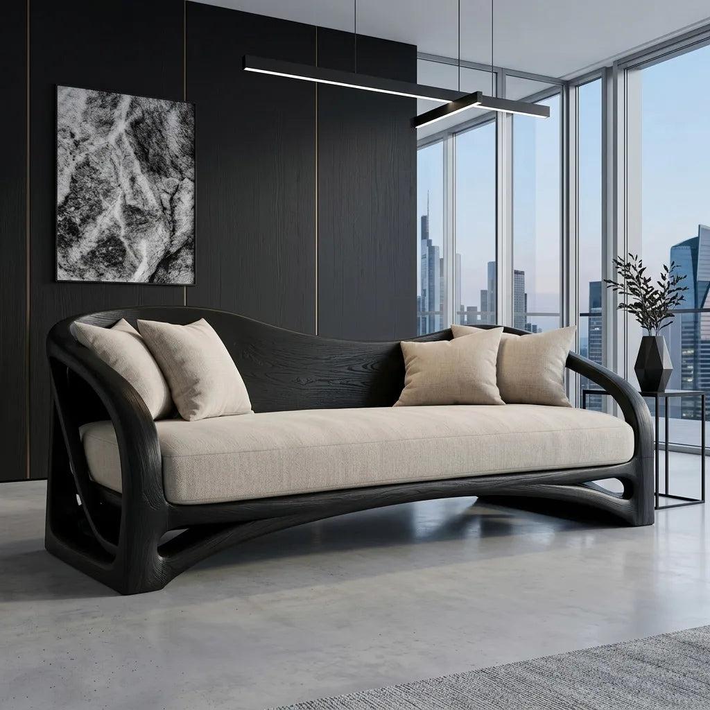 Organic Wooden Sofa With Sculptural Curved Frame For Living Room