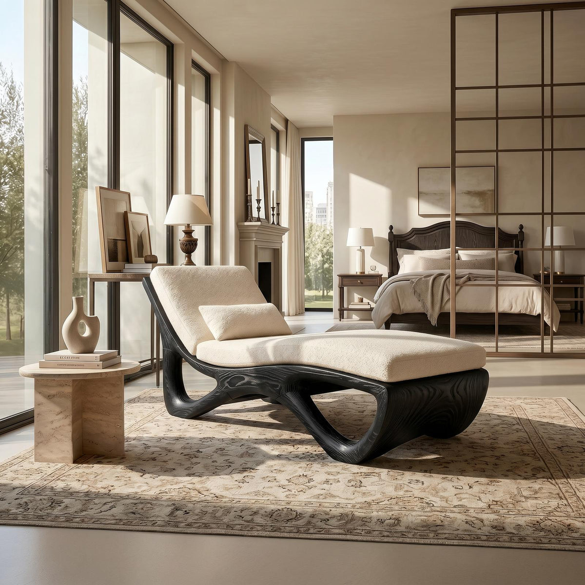 Spry Interior Luxury Organic Modern Wood Chaise Lounge, High-End Residential Daybed Sofa for Living Room, SILDTTRDB007