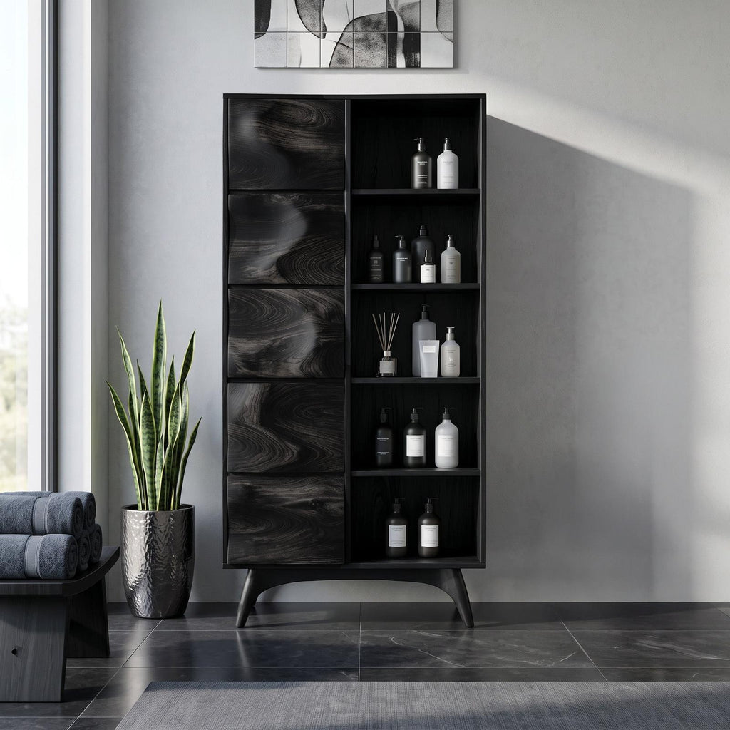 Sculpted Wood Bathroom Cabinet With Wavy Doors For Spa Decor