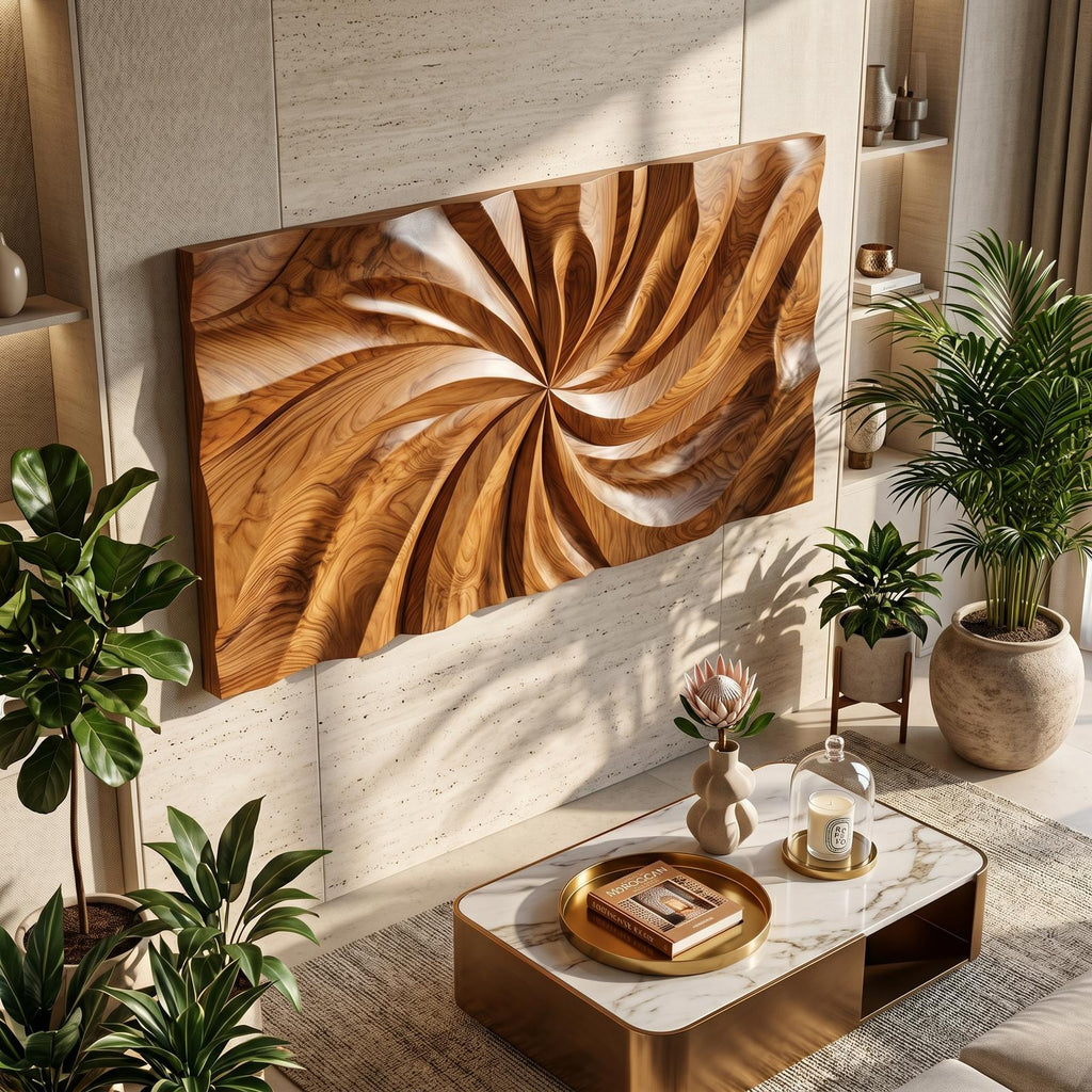 Modern Wood Wall Art with Swirl Relief, 3D Abstract Wave Carved Wall Panel Decor