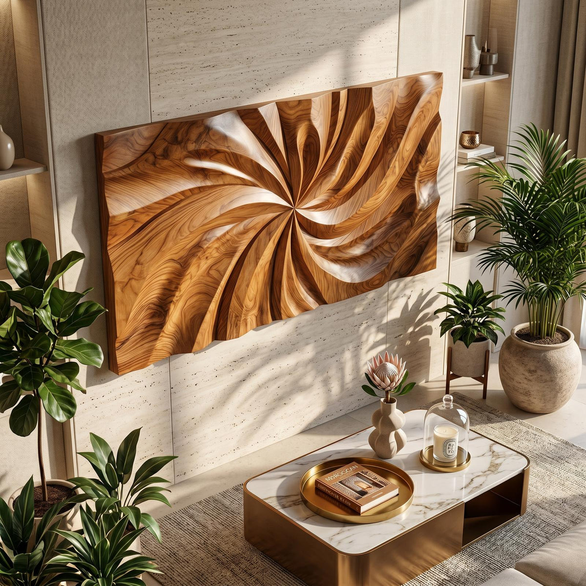 Modern Wood Wall Art with Swirl Relief, 3D Abstract Wave Carved Wall Panel Decor