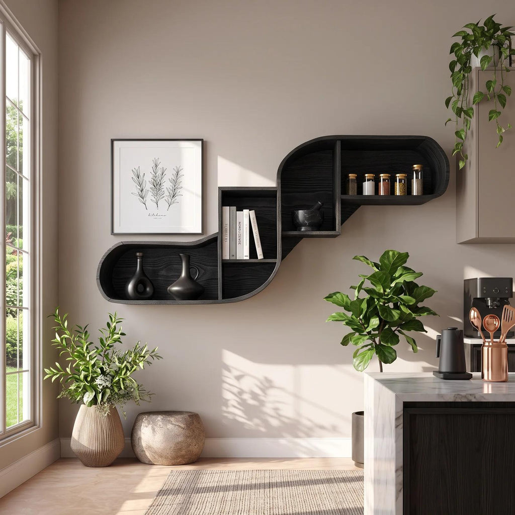 Mid Century Curved Wood Shelves for Home Bar