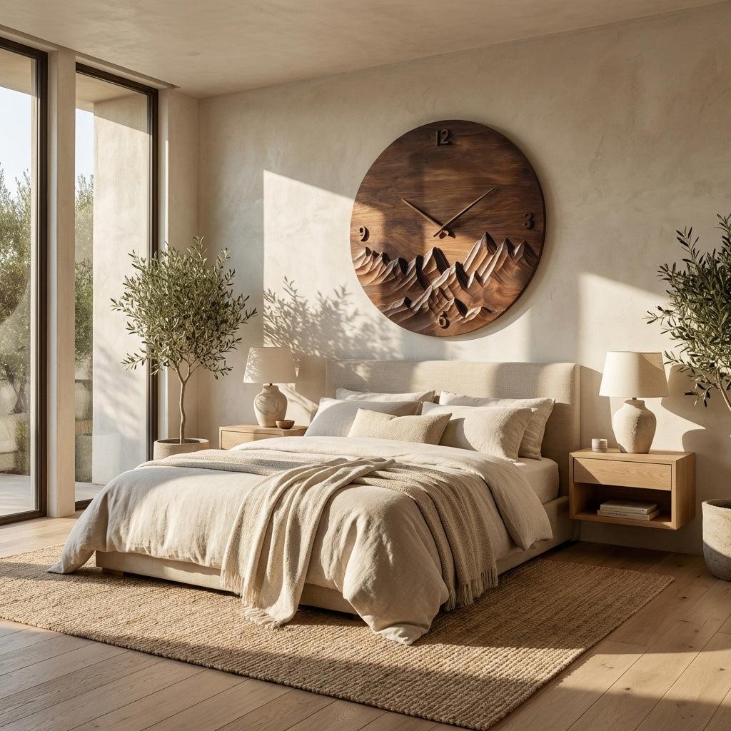 Modern Wall Clock Mountain Landscape, Handcrafted Wooden Hanging Art Timepiece for Cozy Living Room
