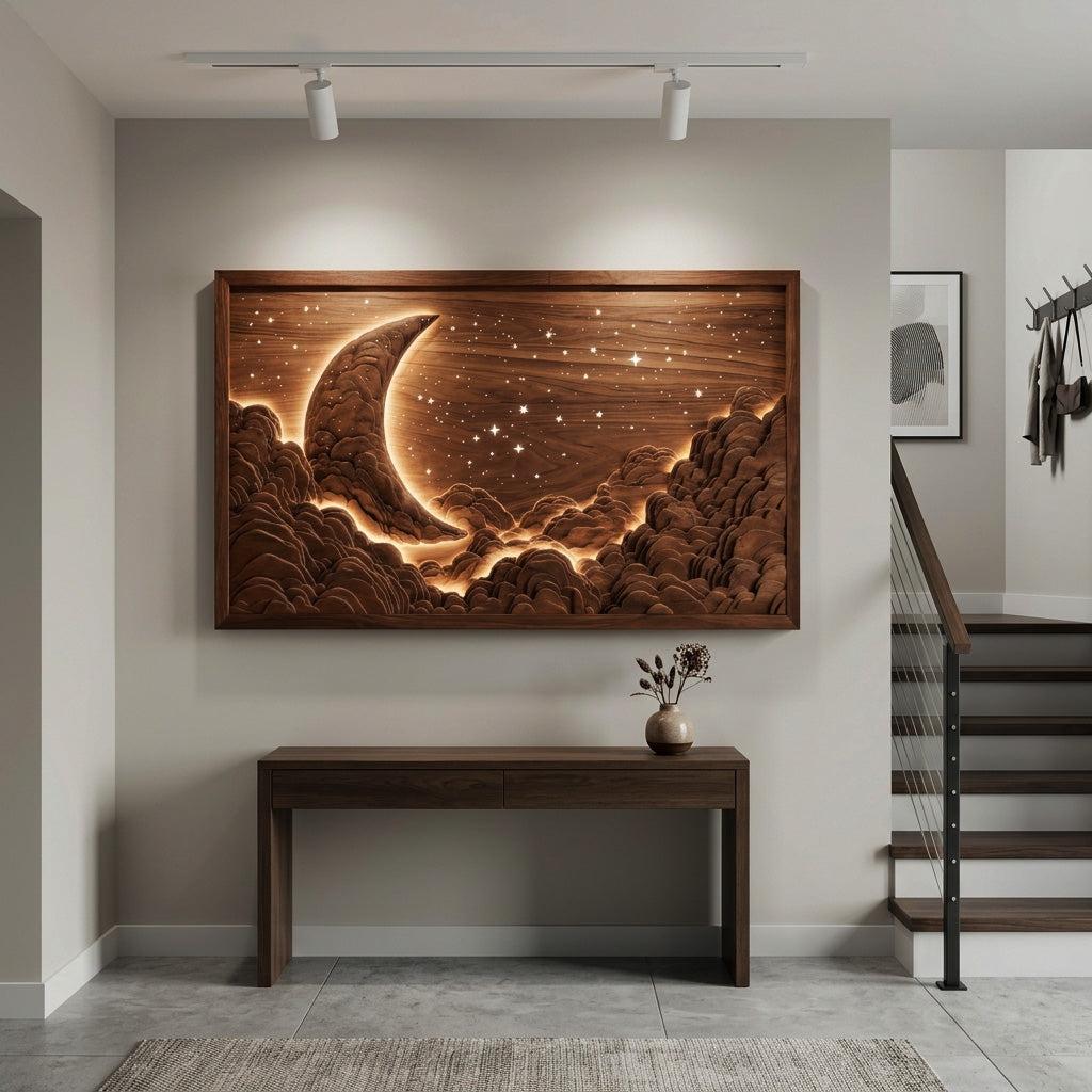 Teezano Handcrafted Moon & Stars Wooden Wall Art, Rustic Wood Carving Plaque Decor for Nursery & Kids Bedroom, SITHHNWA016