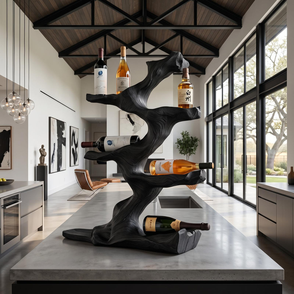 Rustic Wood Wine Holder, Handcrafted Countertop Wine Bottle Rack Stand, Decorative Wooden Display Shelf for Living Room Home Bar