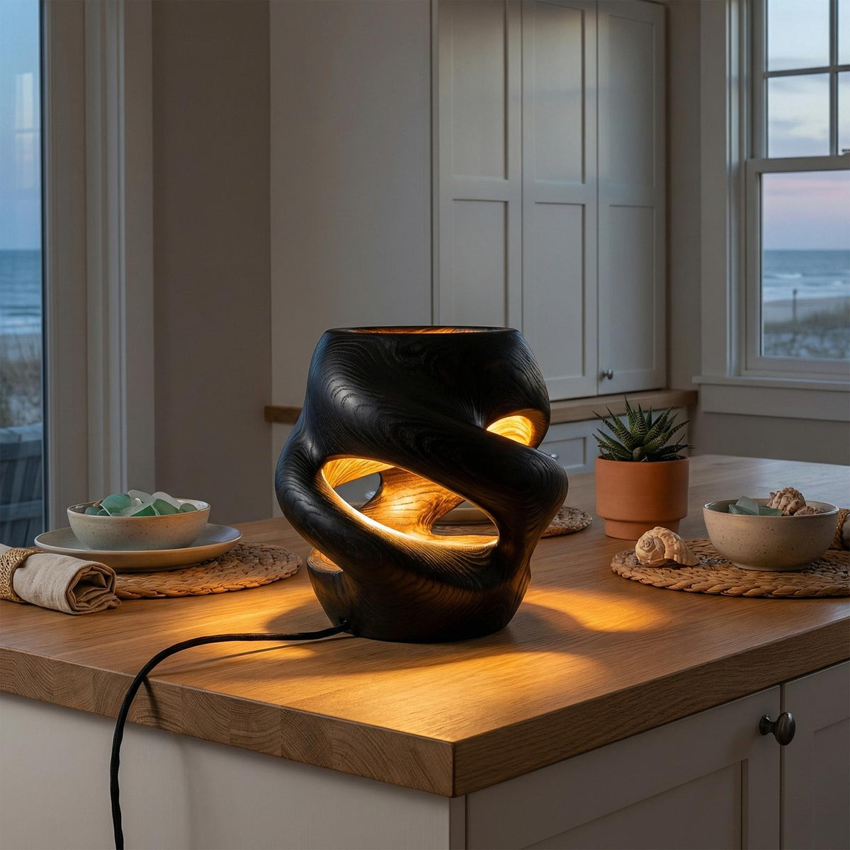 Contemporary Sculptural Table Lamp, Artistic Wood Accent Light for Dining Room & Kitchen Island