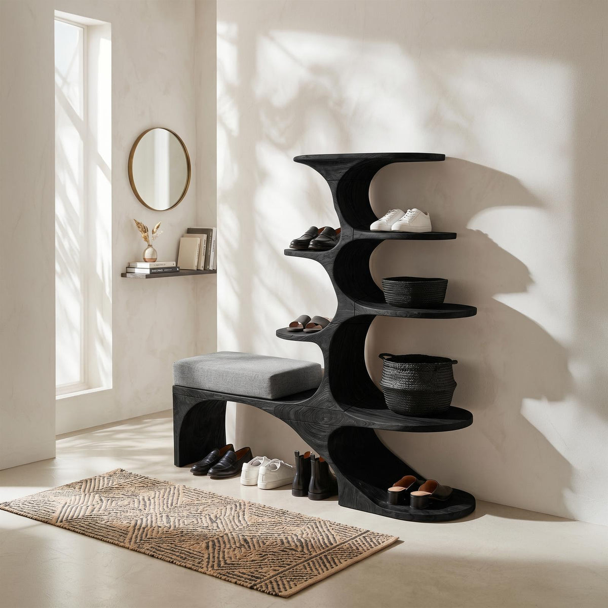 Modern Shoe Rack Bench, Wooden Entryway Bench Storage Seat Organizer for Living Room Corner