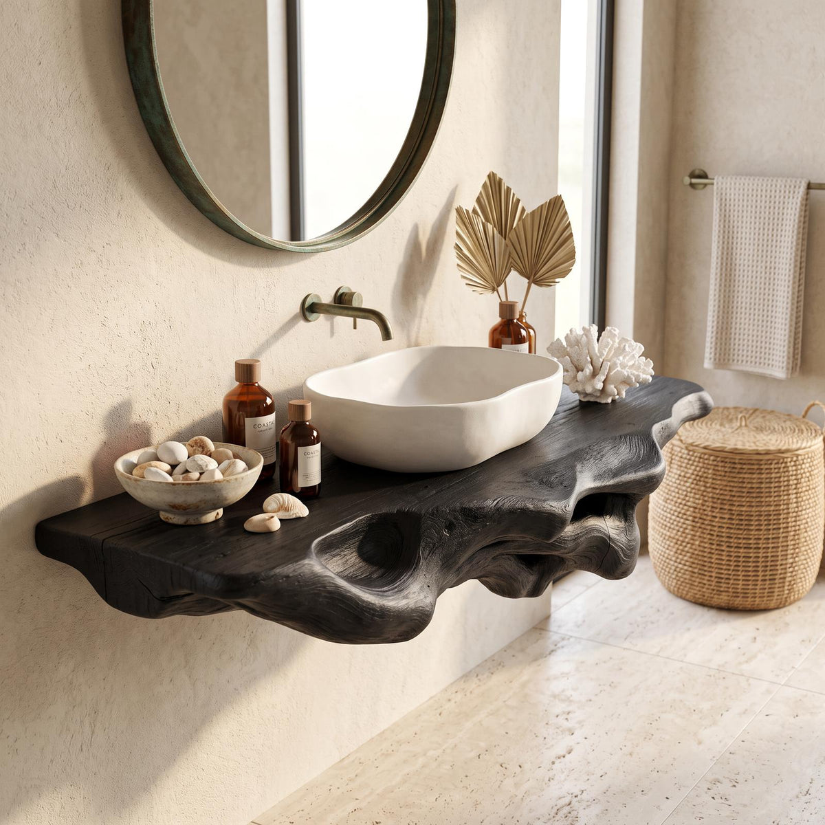 Handcrafted Solid Wood Bathroom Shelf, Wall Mounted Floating Rack & Towel Storage Organizer Cabinet Decor