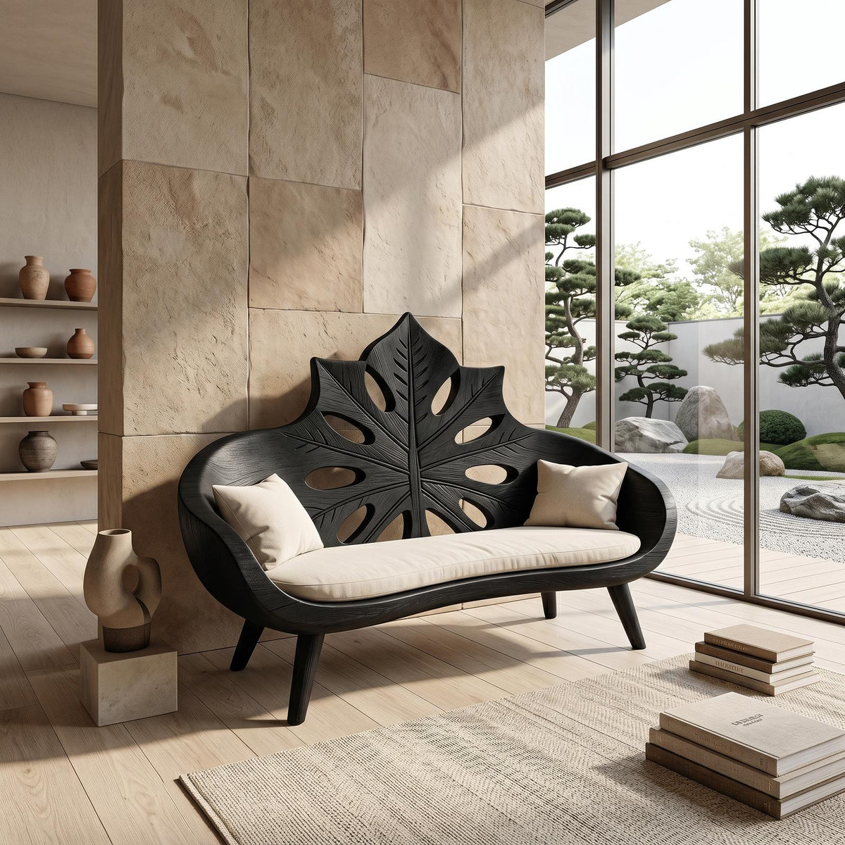 Spry Interior Contemporary Sunburst Leaf Backrest Bench, Solid Wood Indoor Lounge Seat, Entryway & Foyer Accent Bench, SILDTTNBEN006