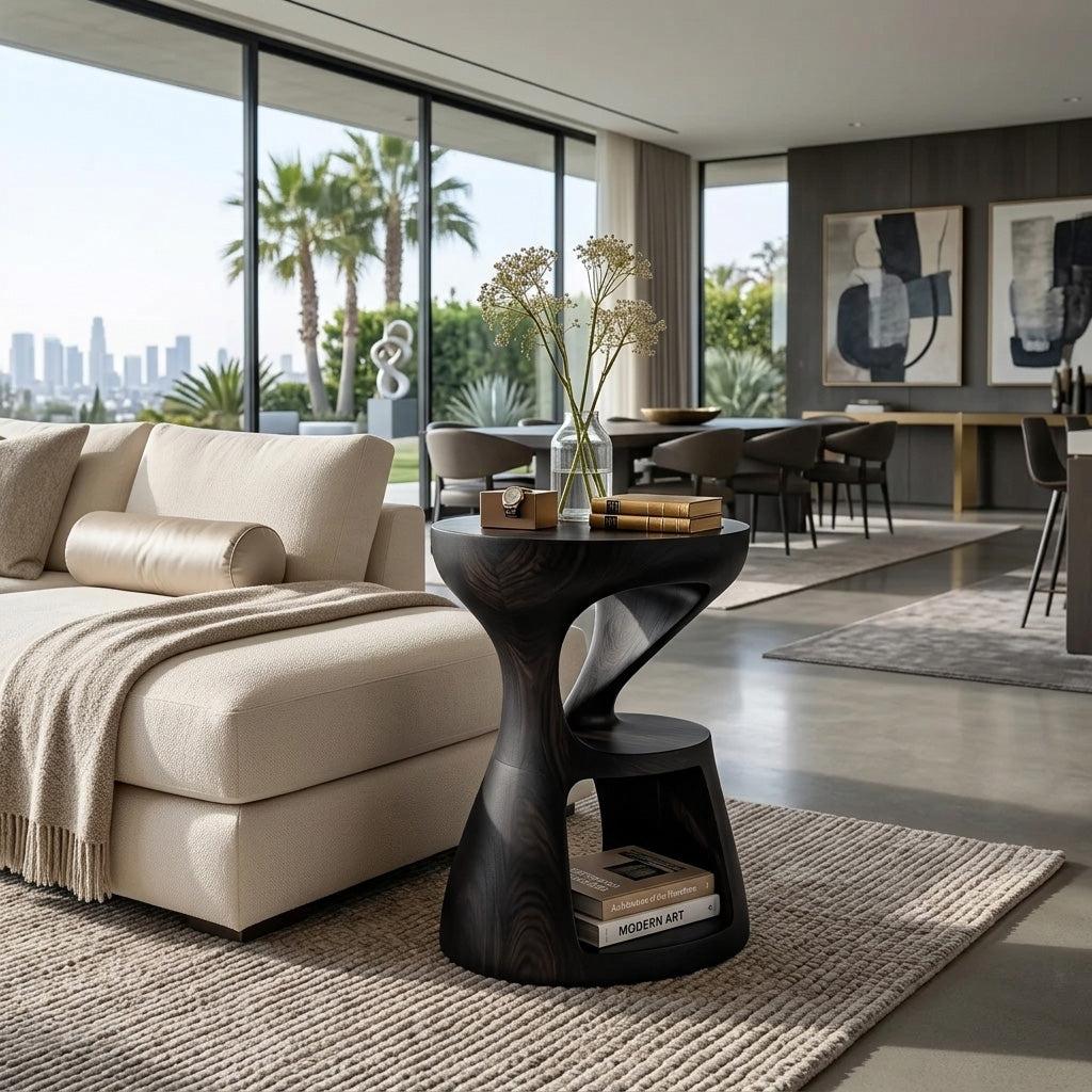 Modern Sculptural Side Table, Handcrafted Solid Wood End Table & Nightstand for Living Room Lounge, Model