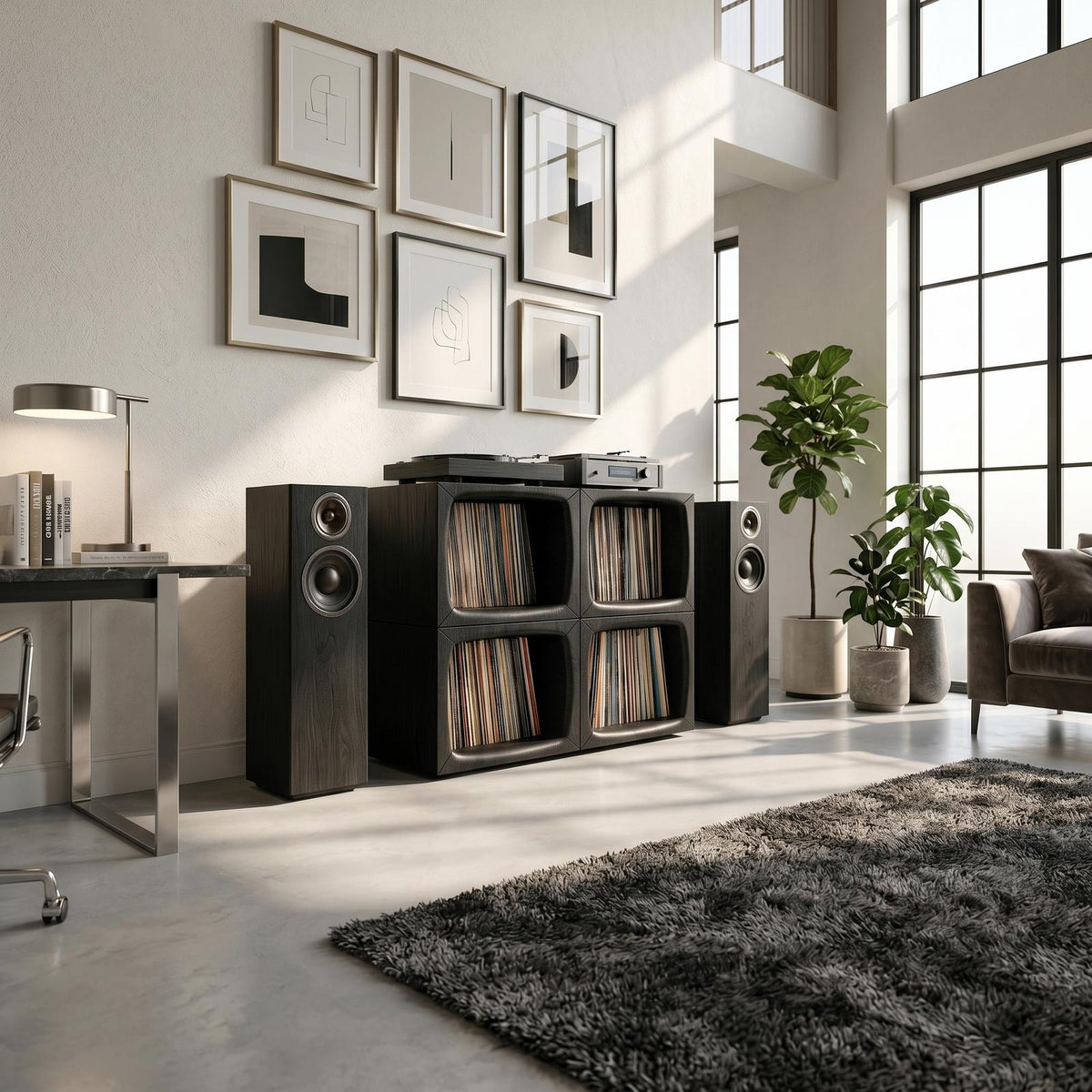 Modern Wooden Cube Record Storage Cabinet, Handcrafted Vinyl LP Storage Organizer with Turntable Stand, Model