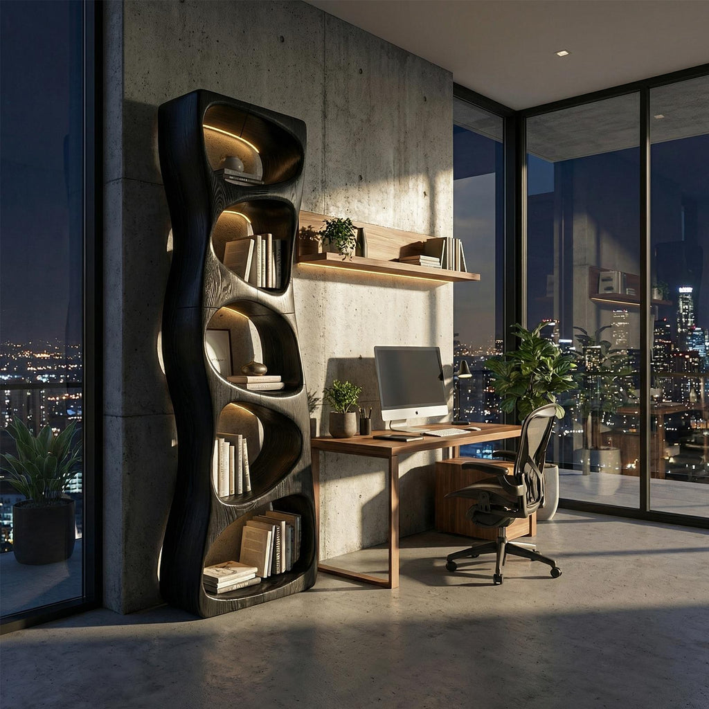 Minimalist Geometric Wood Bookshelf, Handcrafted Freestanding Book Rack Shelf for Entryway Storage Display