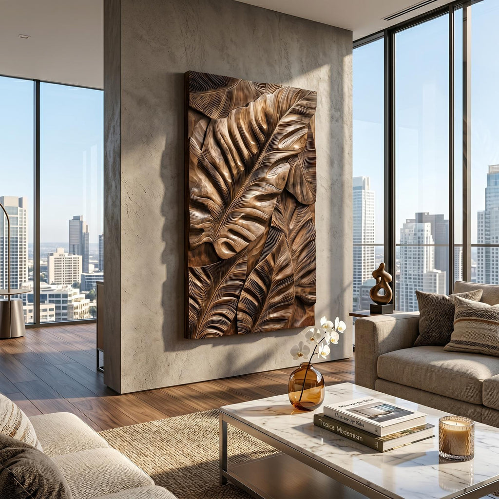 Industrial Wooden Wall Art with Leaf Relief Design, Carved Leaf Art Panel for Entryway