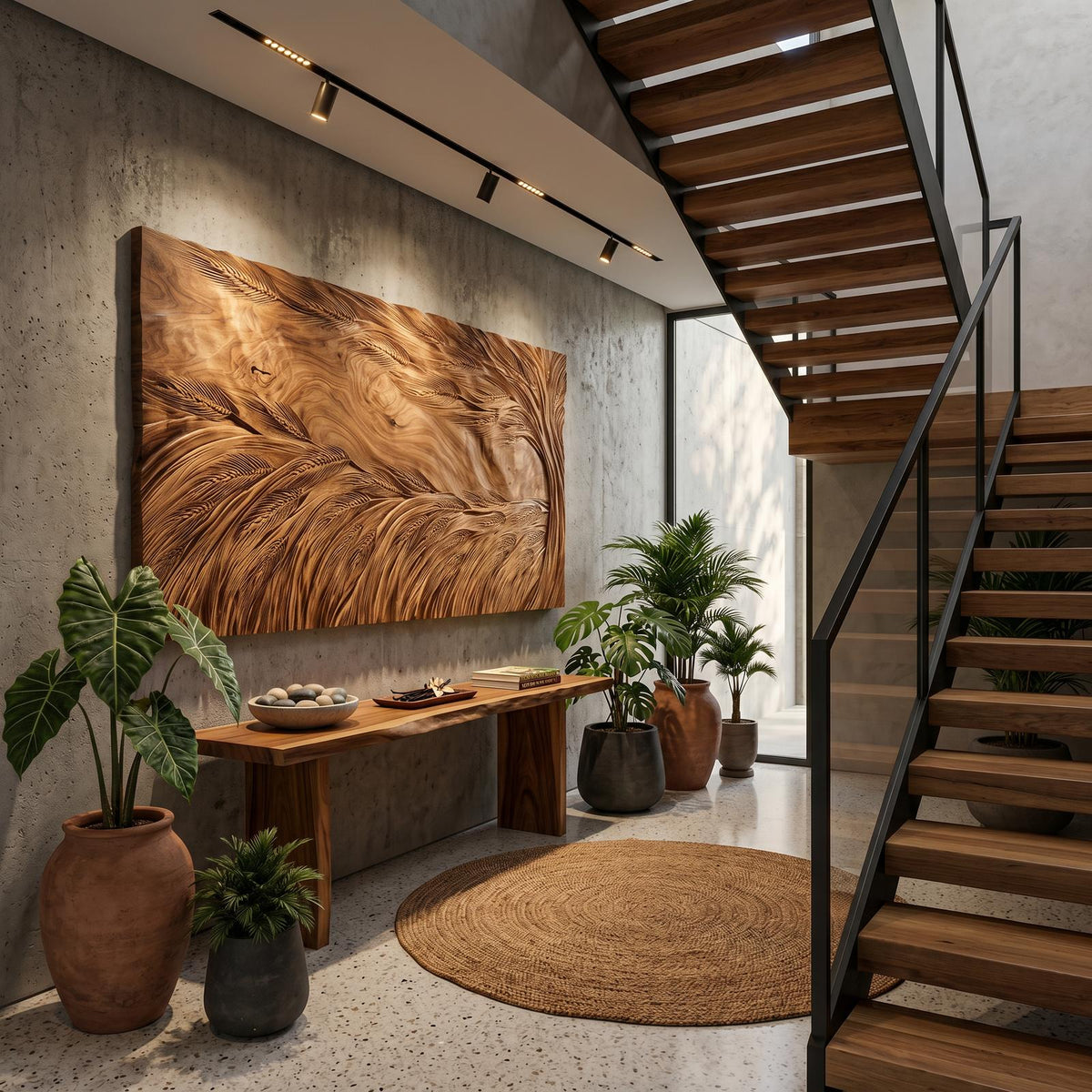 Sculptural Wooden Wall Art with Wave Texture, Abstract Carved Wall Panel for Living Room