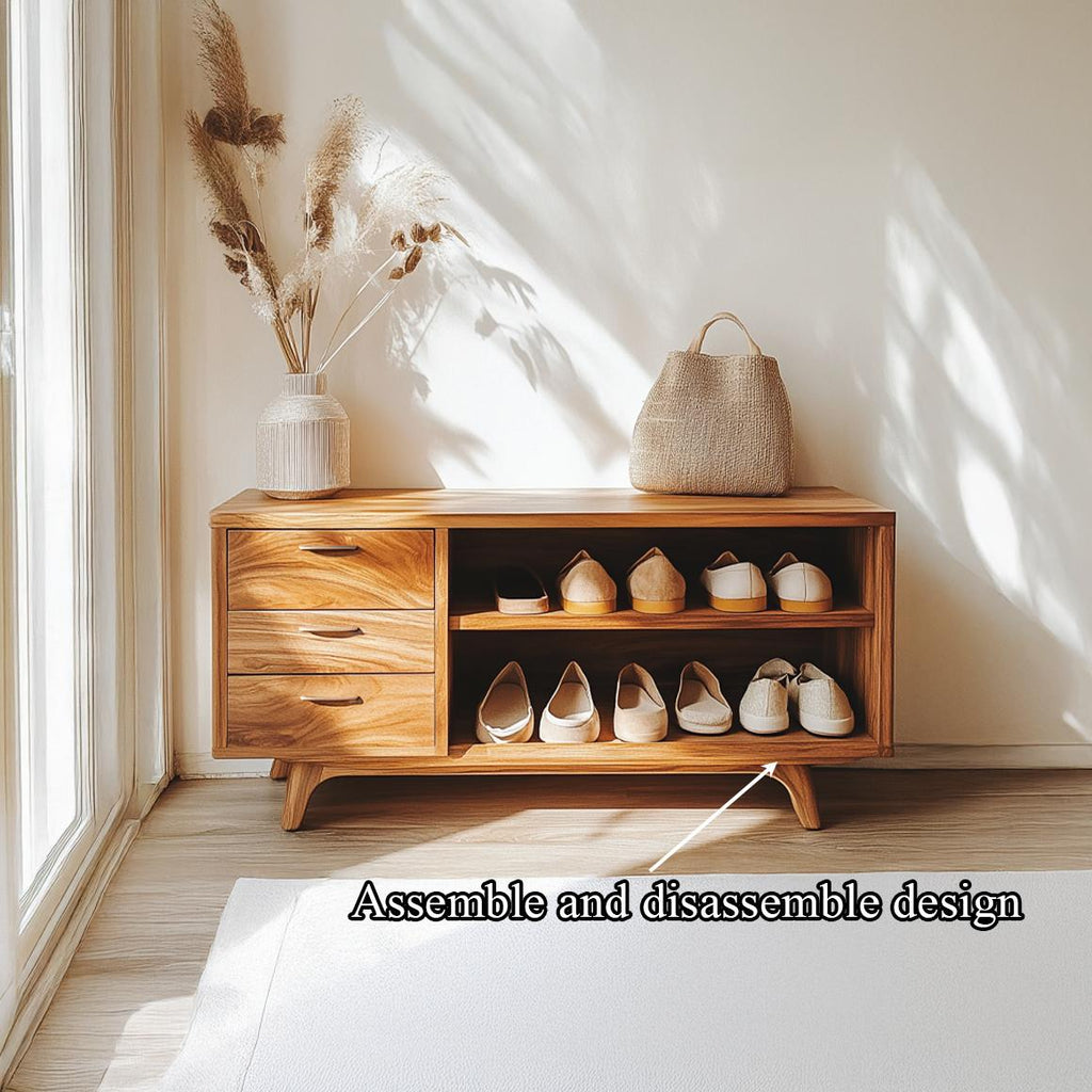 Mid Century Organic Shoe Storage Bench, Solid Natural Wood Entryway Cabinet Organizer for Creative Studio