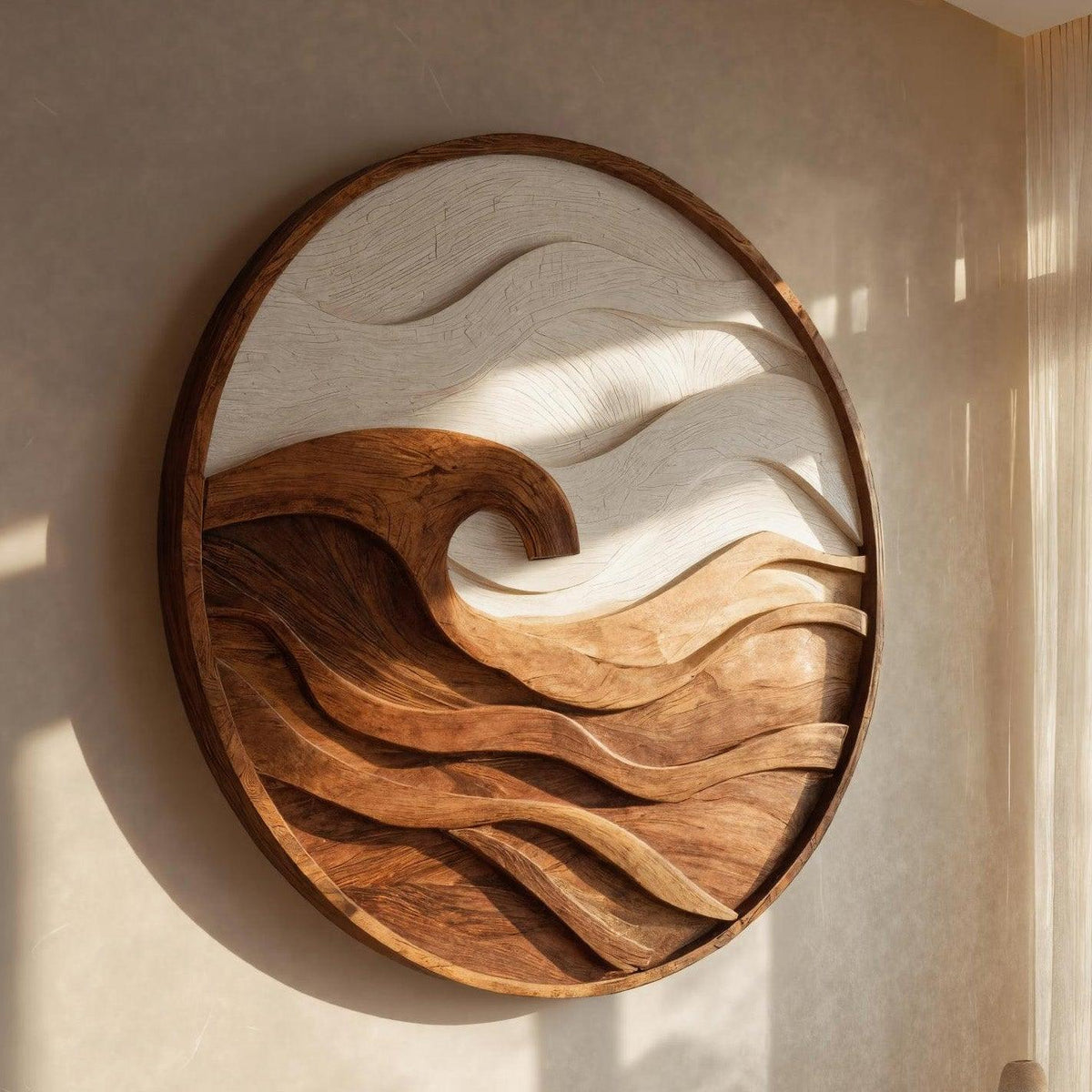 Handcrafted Round Wave Wall Art, 3D Ocean Ripple Carved Wooden Circular Panel for Bedroom & Living Room Decor
