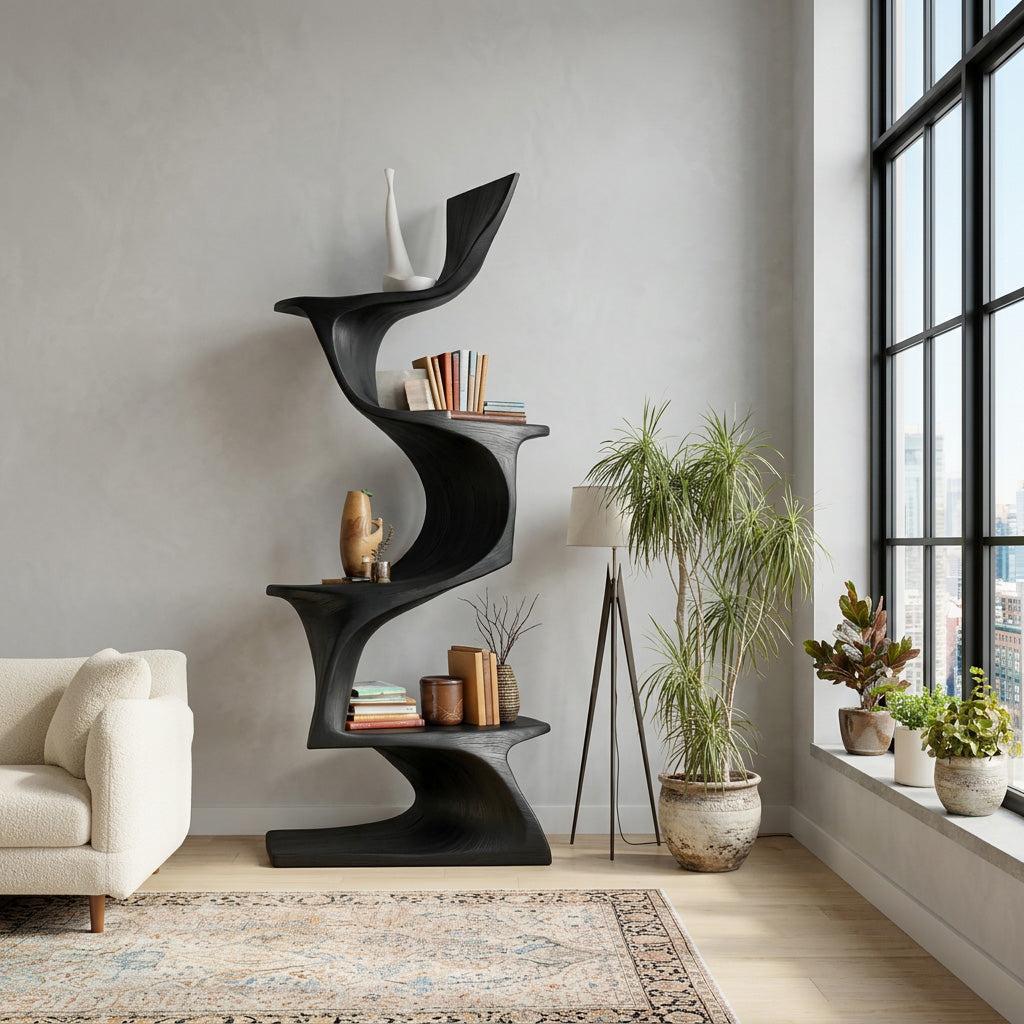 Organic Modern Natural Wood Bookshelf, Handcrafted Solid Wood Corner Bookcase for Living Room & Office Decor