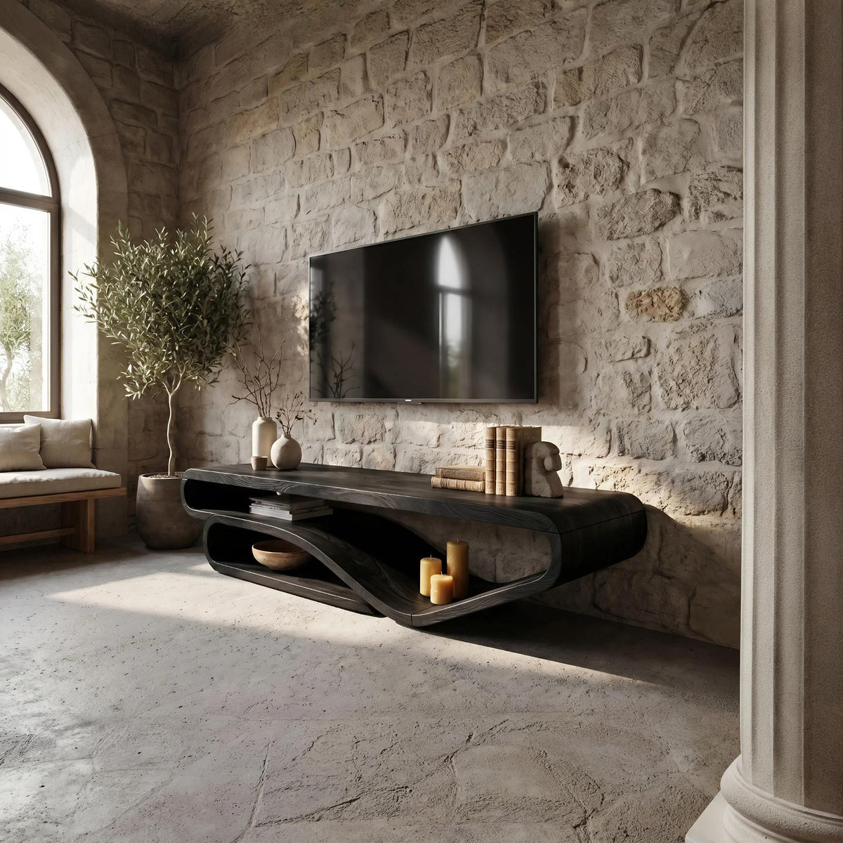 Scandinavian Sculpted Wood TV Console, Modern Floating Style Media Center Credenza for Living Room
