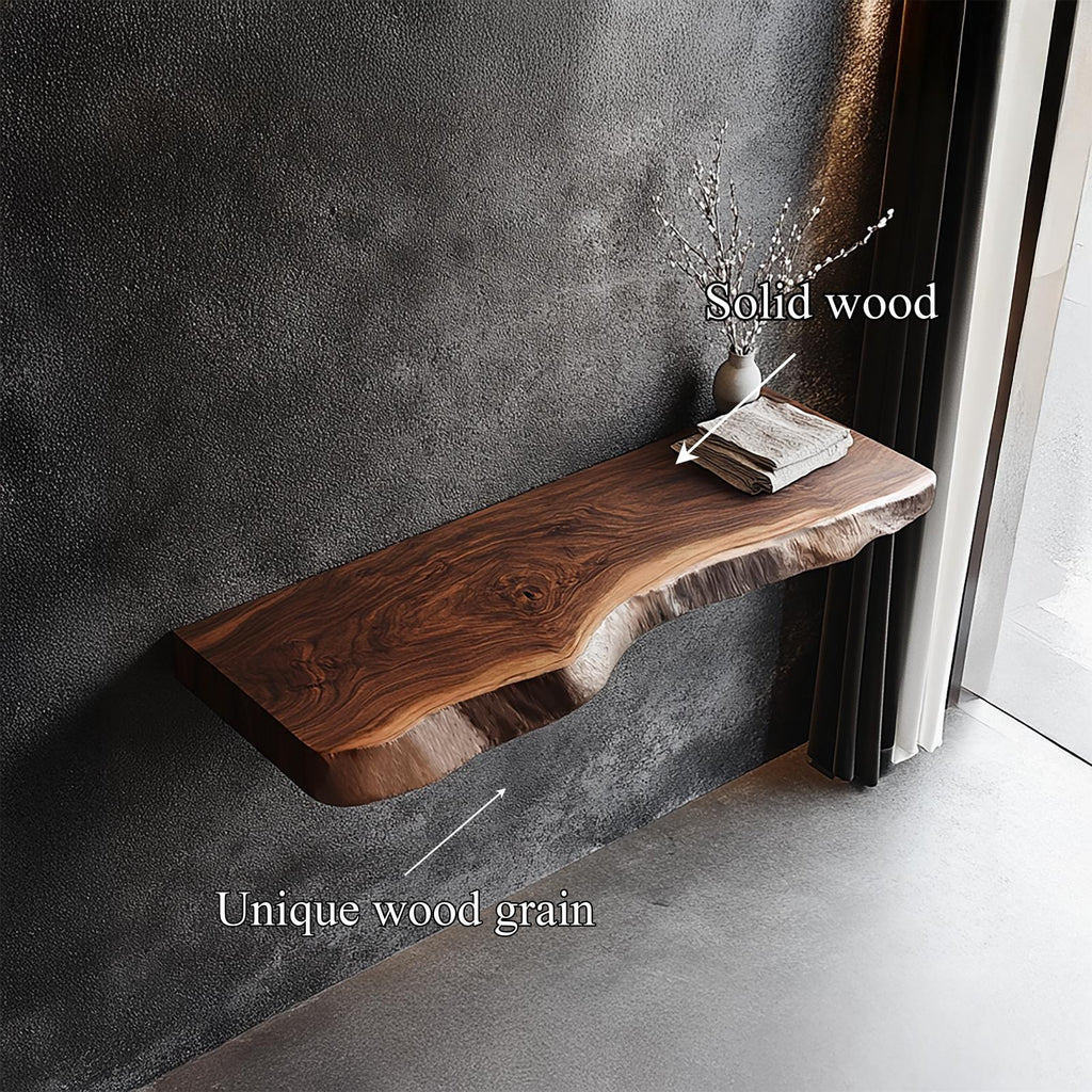 Rustic Live Edge Solid Wood Floating Shelf, Wall Mounted Hardwood Display Ledge for Living Room & Foyer Interior