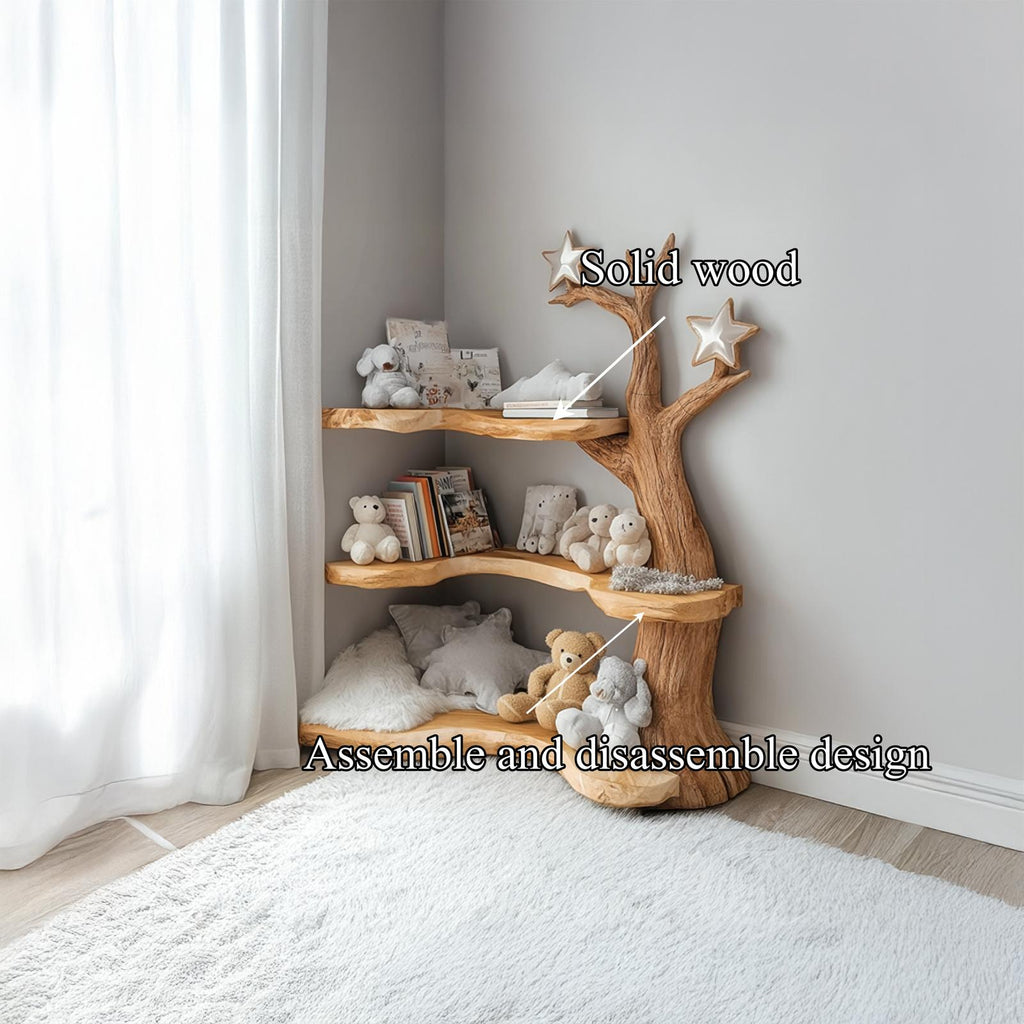 Rustic Tree Bookshelf, Handcrafted Solid Wood Bookcase & Floating Shelves for Baby Nursery Reading Nook Wall Storage