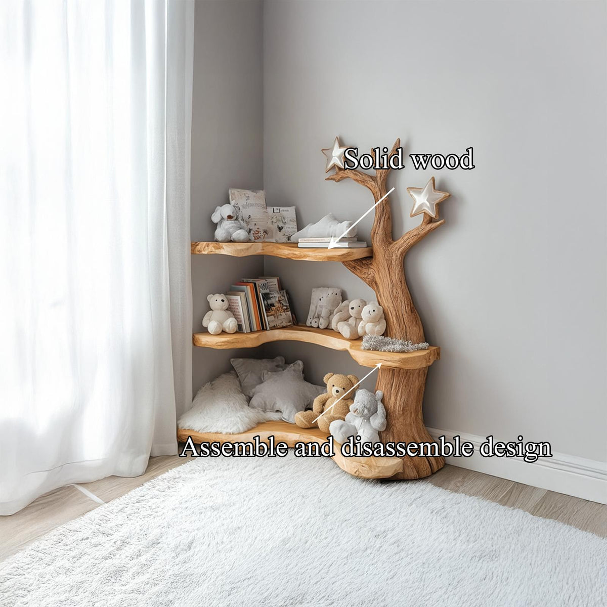 Rustic Tree Bookshelf, Handcrafted Solid Wood Bookcase & Floating Shelves for Baby Nursery Reading Nook Wall Storage