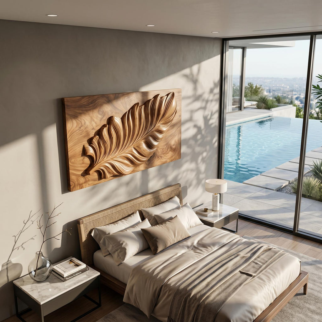 Nature Wooden Wall Art with Carved Leaf Design, Decorative Foliage Wall Panel for Living Room