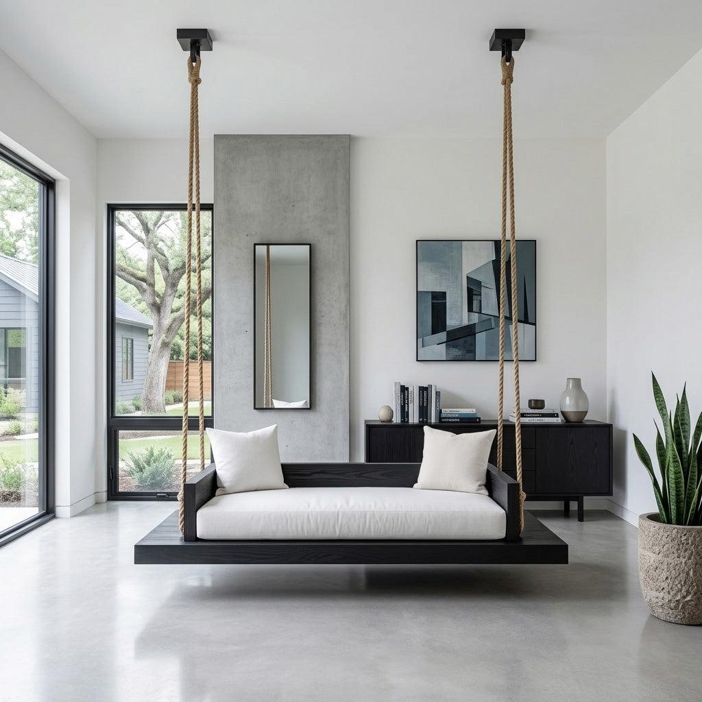 Modern Hanging Ceiling Swing, Handcrafted Solid Wood Indoor Swing Chair for Living Room & Studio