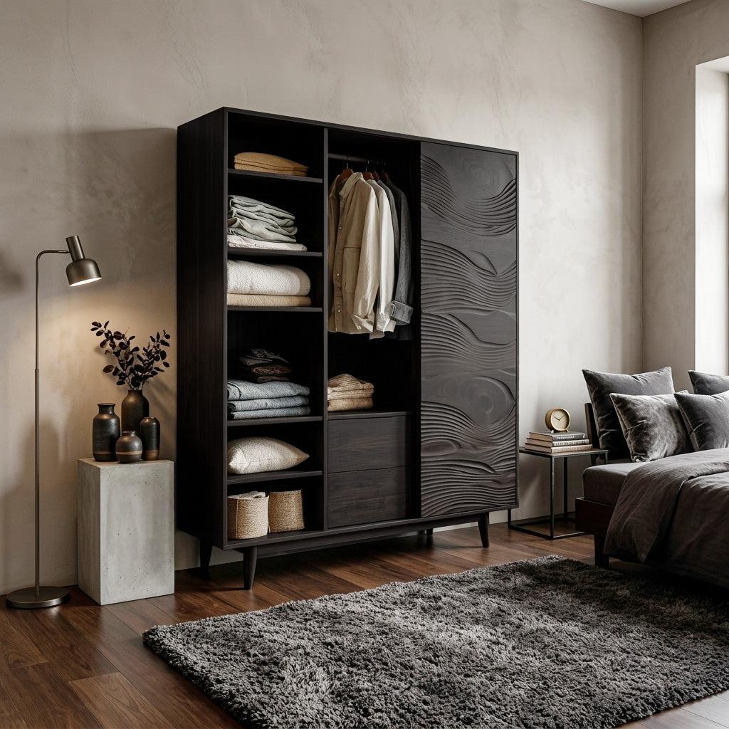 Minimal Wardrobe With Carved Front For Bedroom Space
