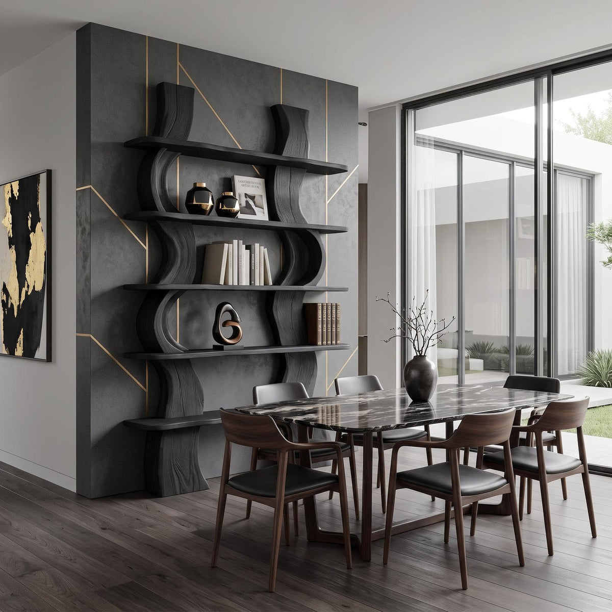 Organic Carved Wood Shelf Storage & Bookcase Display Unit, Solid Wood Accent Shelving for Home Office or Living Room