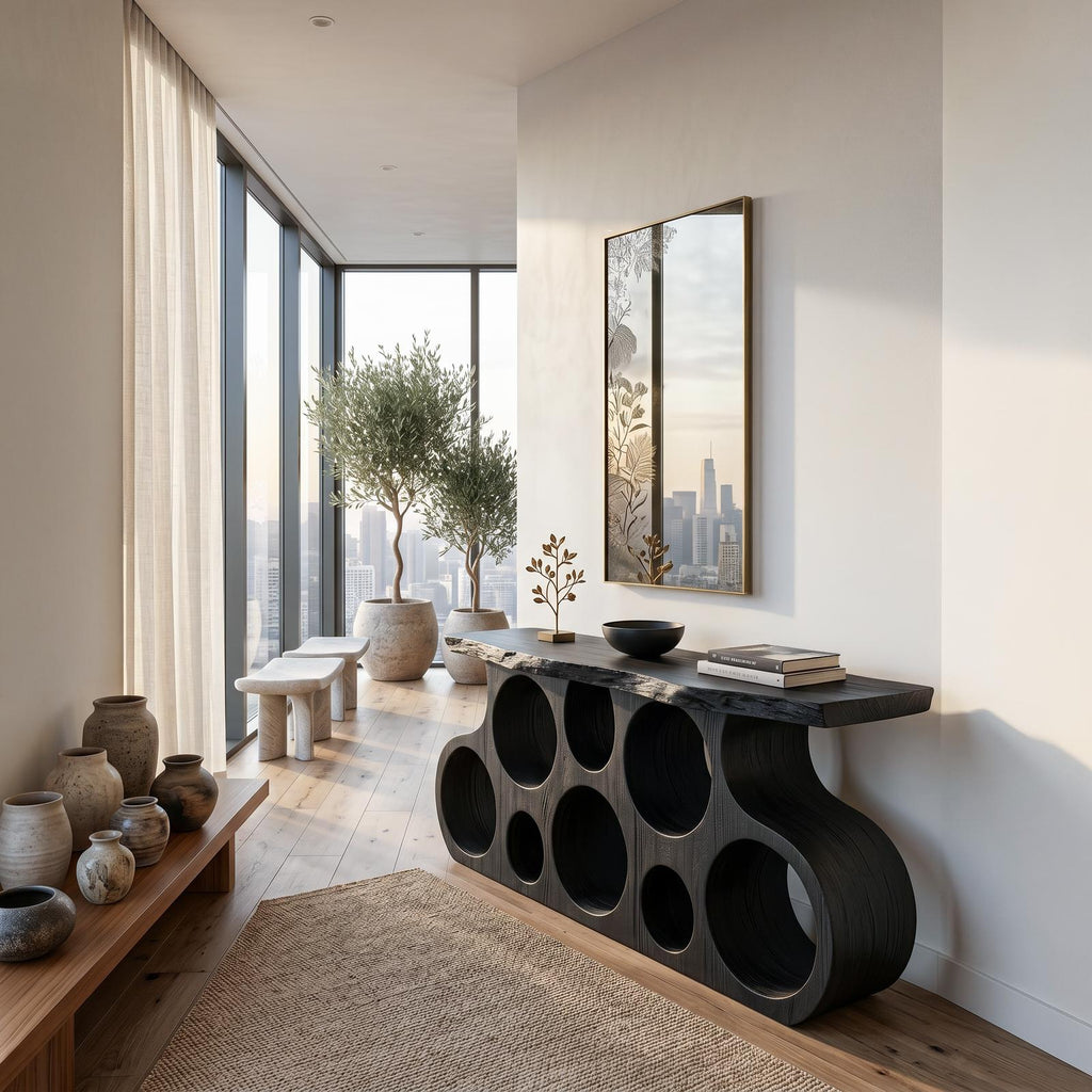 Wooden Console Table With Round Cutout Base For Living Decor