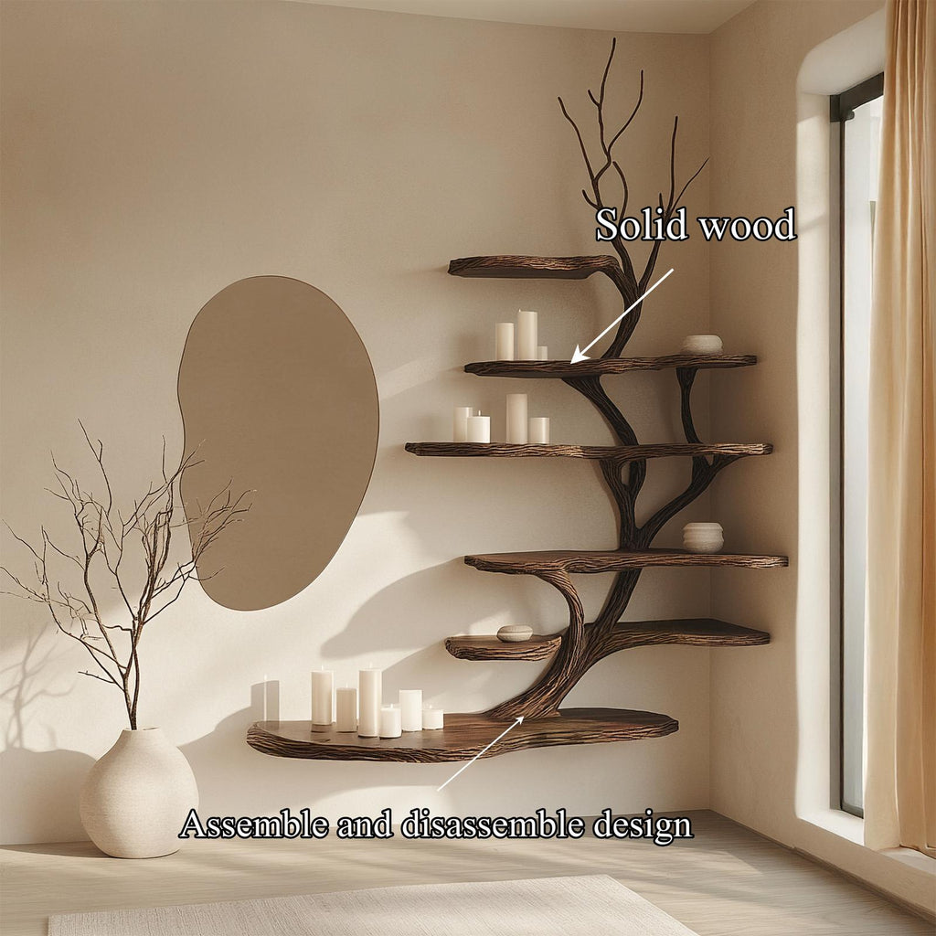 Organic Modern Artistic Wood Wall Display Shelf, Handcrafted Floating Bookcase for Bedroom Reading Room Decor