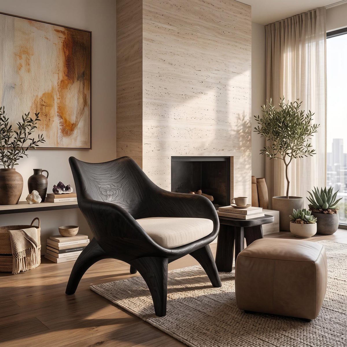 Modern Sculptural Lounge Chair, Handcrafted Wood Accent Armchair with Artistic Curved Frame for Living Room