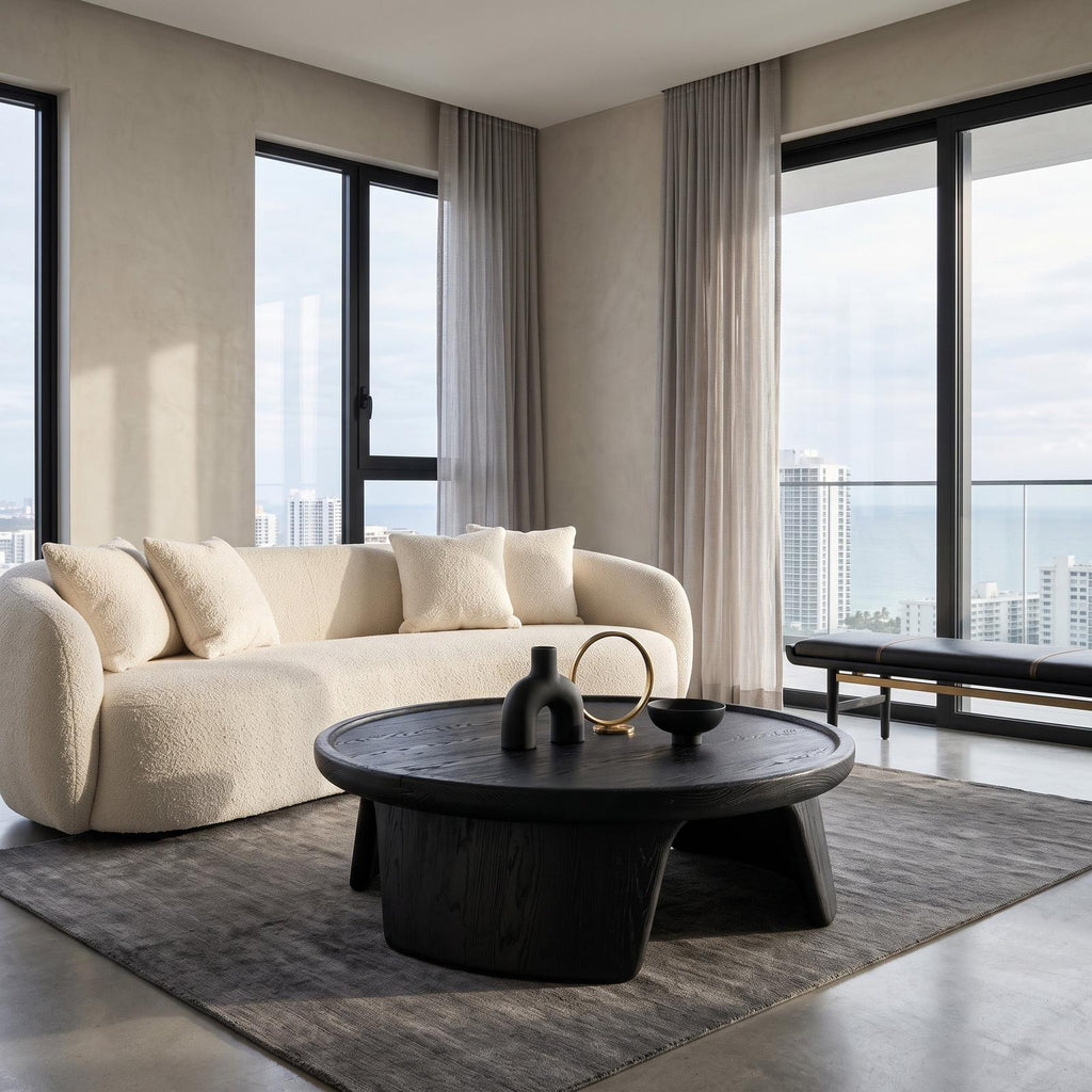 Modern Wooden Coffee Table with Triple Pedestal Base, Unique Round Wood Center Table for Living Room, Model