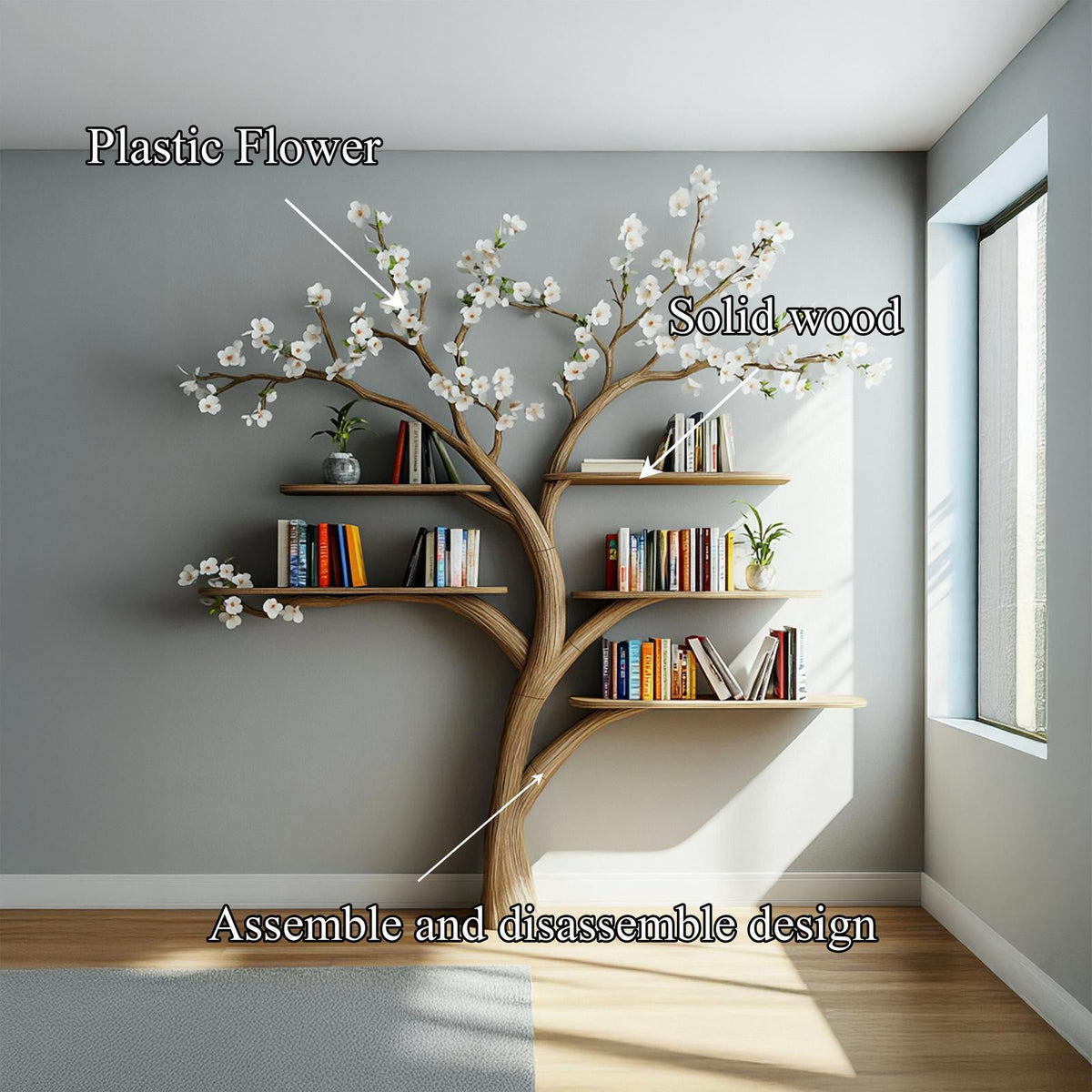 Rustic Tree Wall Bookshelf, Handcrafted Wooden Branch Floating Shelf & Flower Display Rack for Living Room