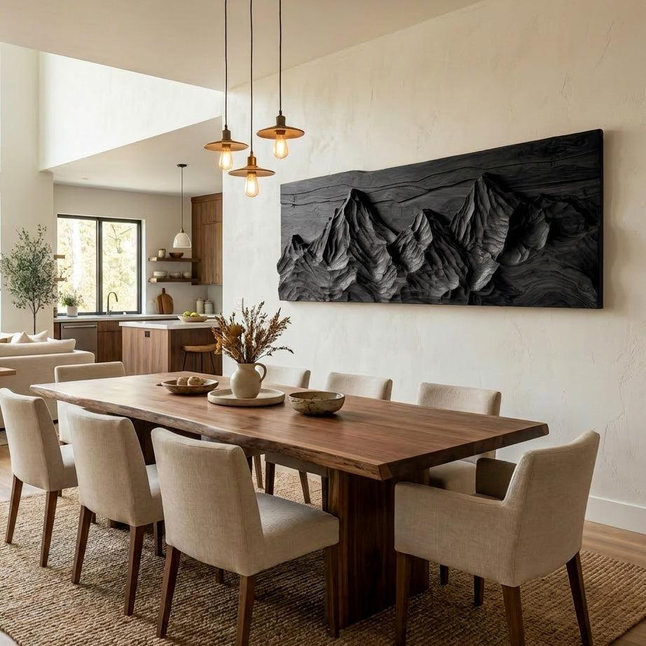 Contemporary Sculptural Wood Wall Art, Mountain Landscape 3D Carved Wood Sculpture Panel for Living Room