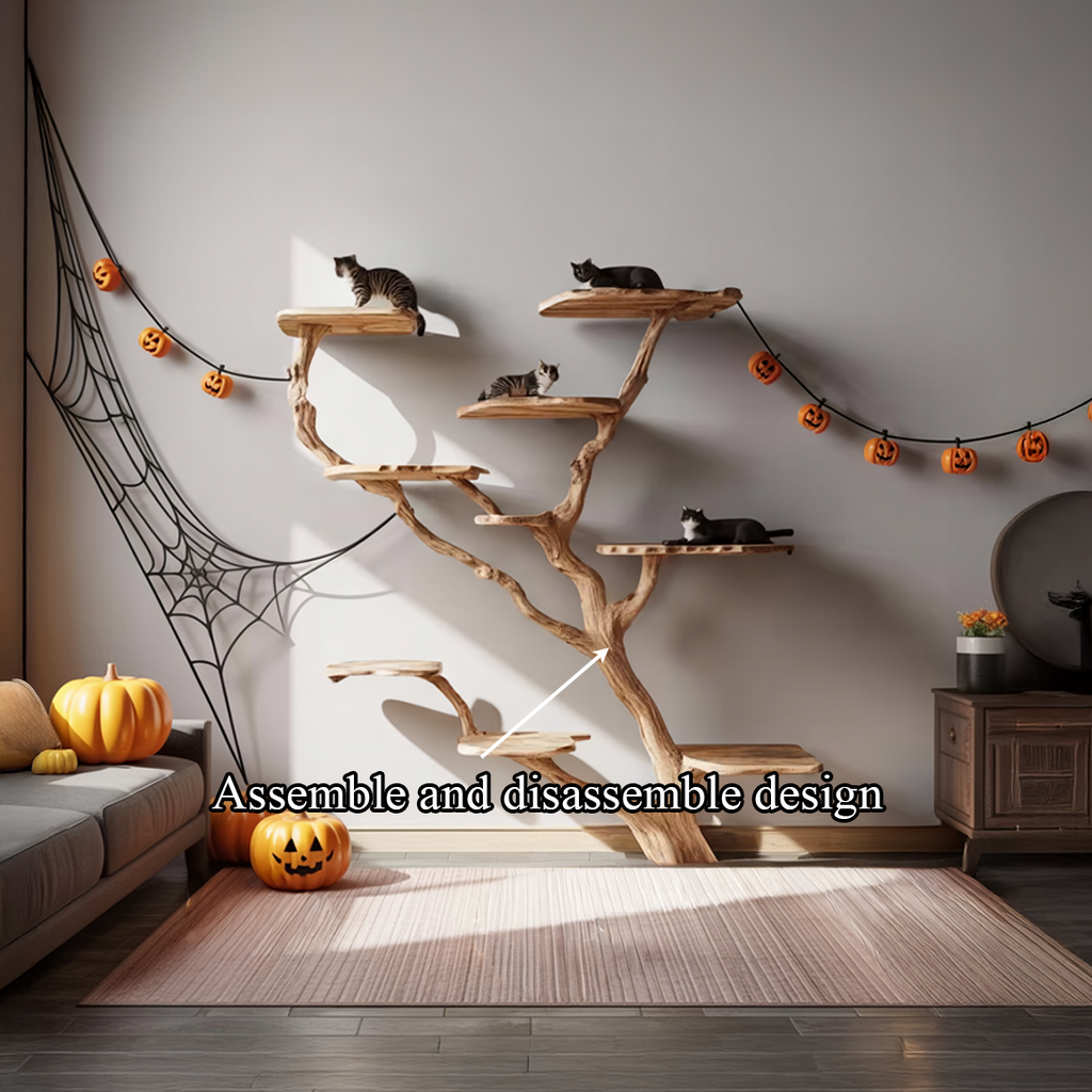 Rustic Wall Mounted Cat Tree, Real Wood Branch Cat Climbing Tower with Perch, Spooky Gothic Halloween Cat Furniture