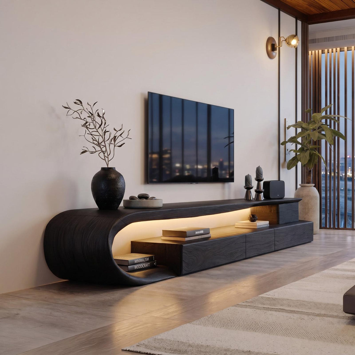 Modern Curved Wooden TV Console Cabinet, Handcrafted Solid Wood Media Storage Credenza with Drawer for Living Room
