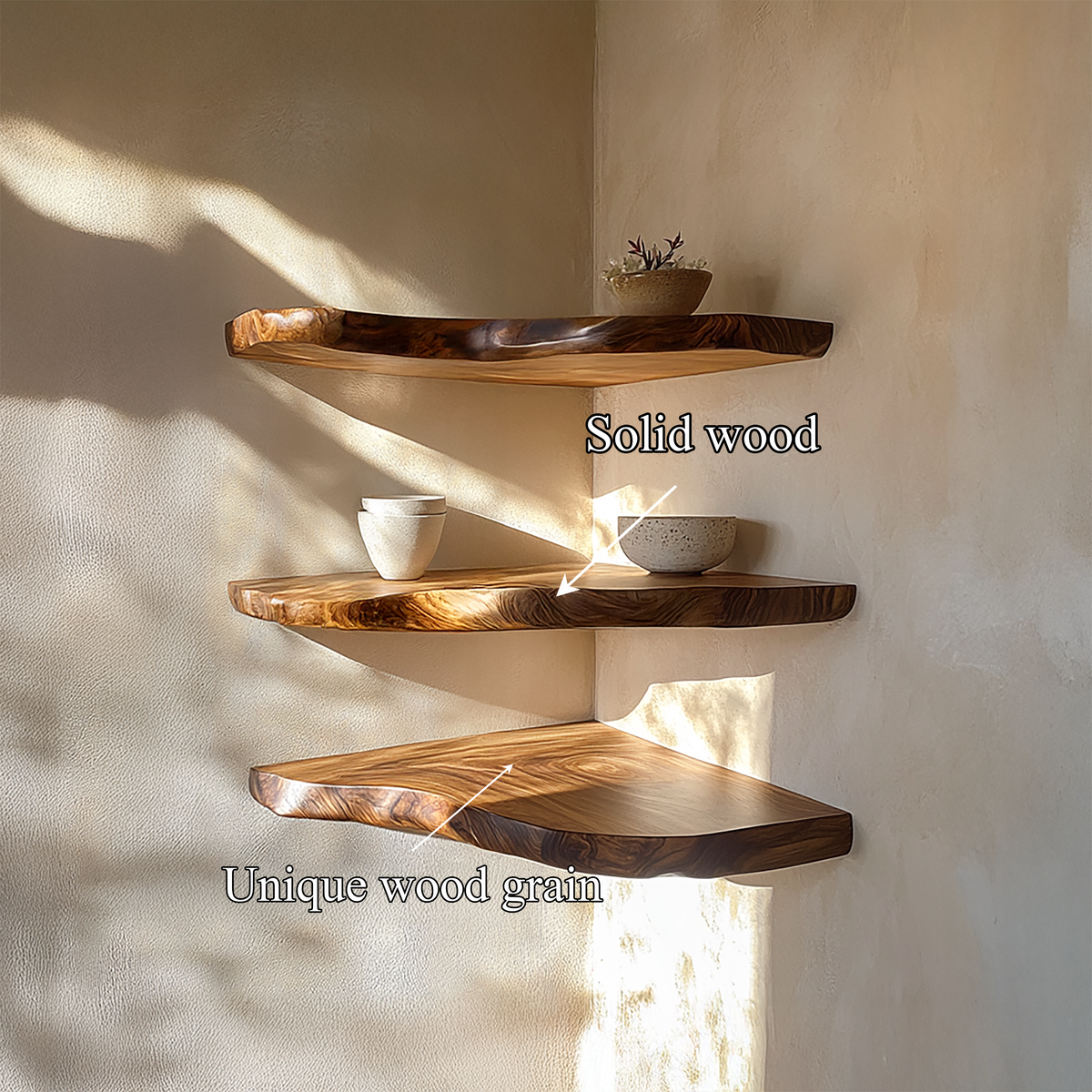 Organic Nature Inspired Solid Wood Floating Display Shelves, Wall Mounted Accent Ledge for Modern Living Room Decor