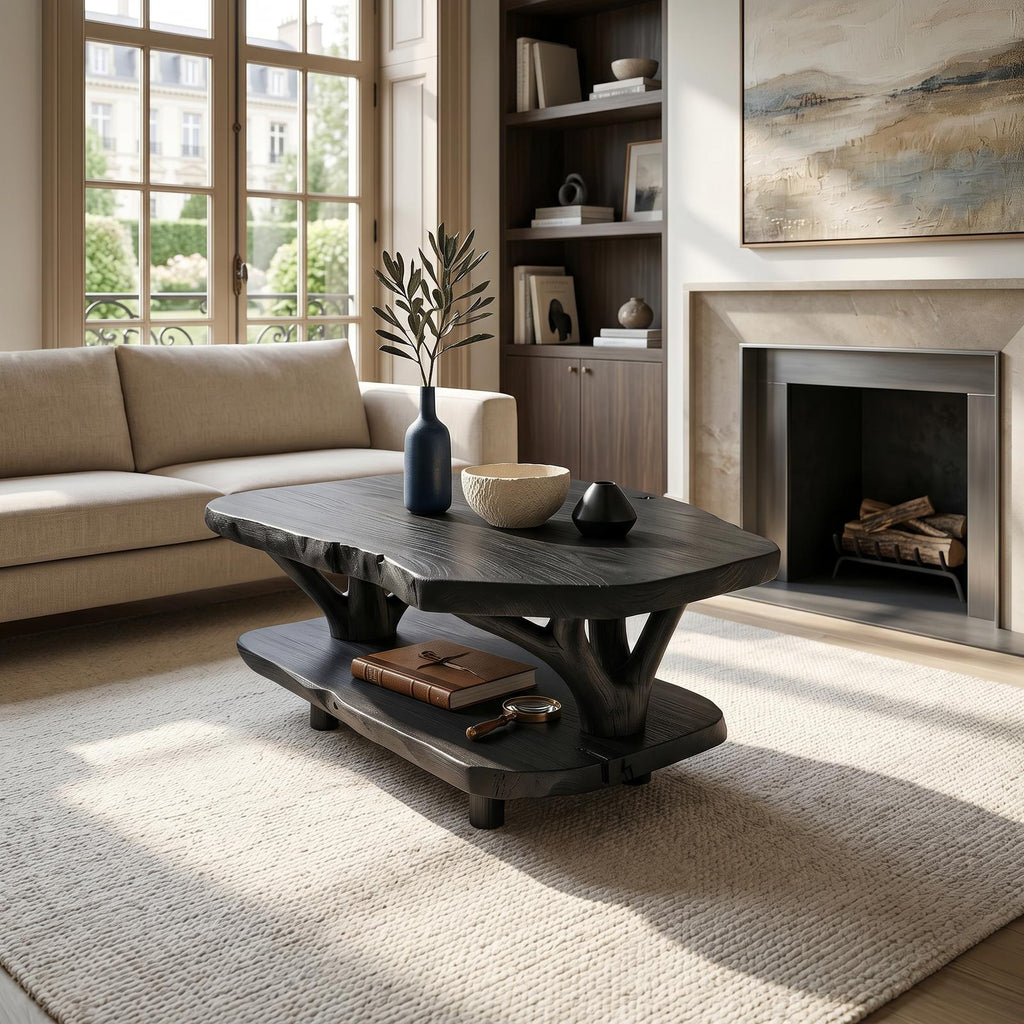 Rustic Live Edge Solid Wood Coffee Table, Natural Slab Center Table for Study Library and Country Home Decor