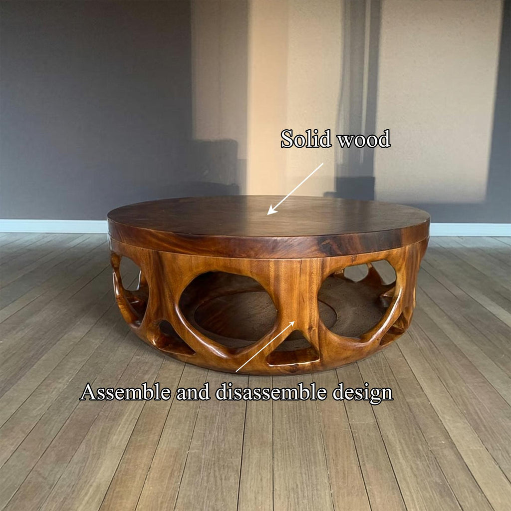 Mid Century Wooden Round Coffee Table, Handcrafted Solid Wood Circular Center Table, Modern Living Room Accent Decor